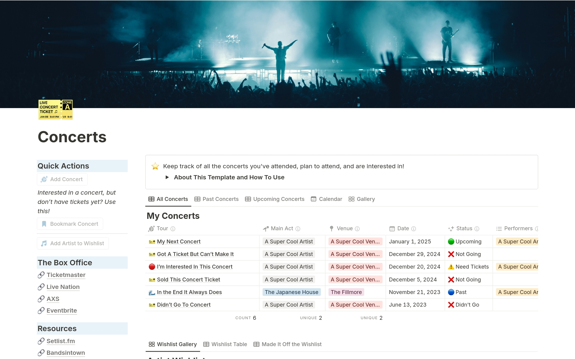 Vista previa de una plantilla para Concert Tracker
