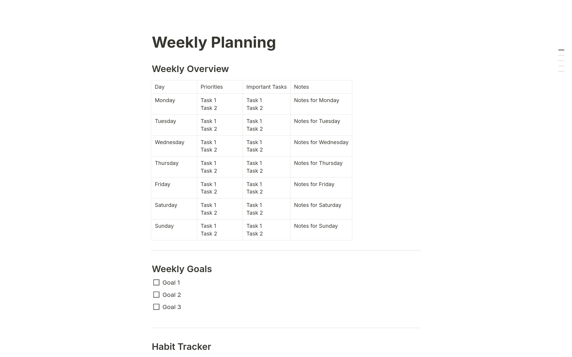This template combines daily and weekly planners to help you stay organized and productive. Track your weekly goals, daily priorities, tasks, and reflections in one place. Easily duplicate templates for consistent planning and efficient time management.
