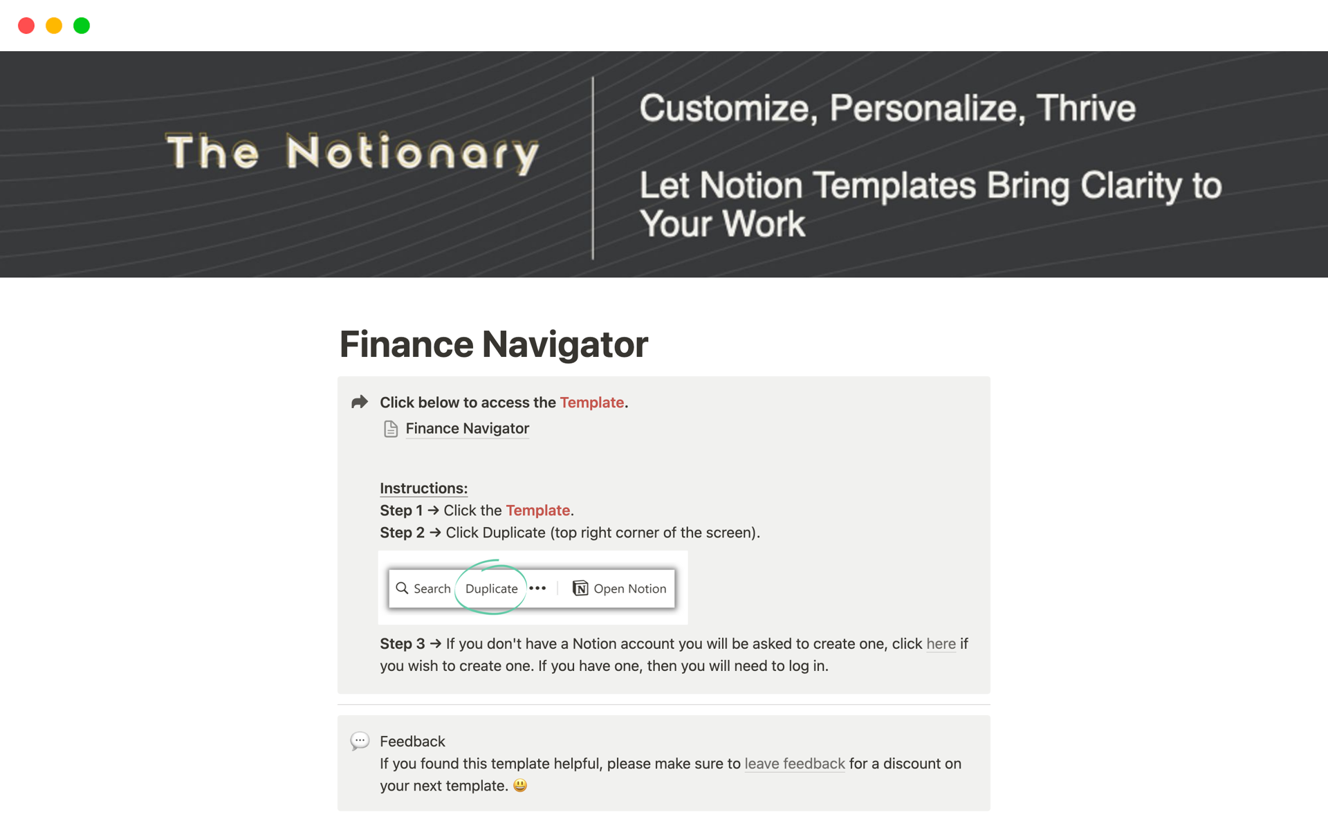 A template preview for Finance Navigator