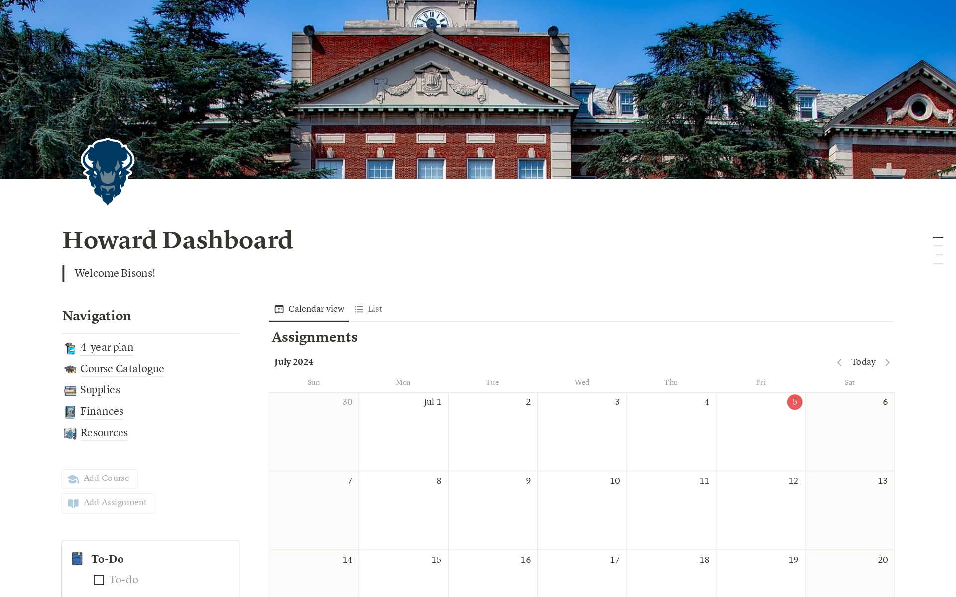 A template preview for Howard University Student Planner