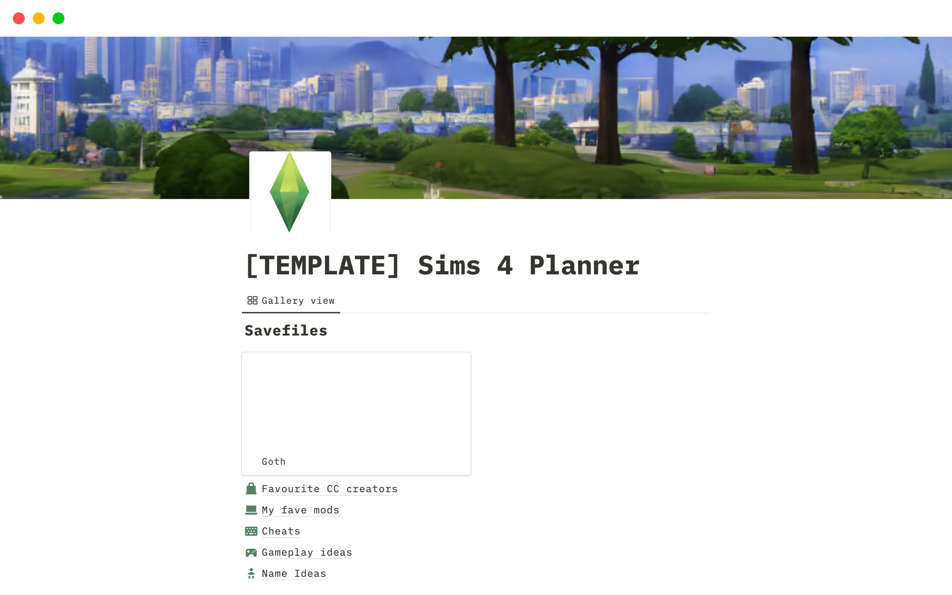 En förhandsgranskning av mallen för Sims 4 Planner