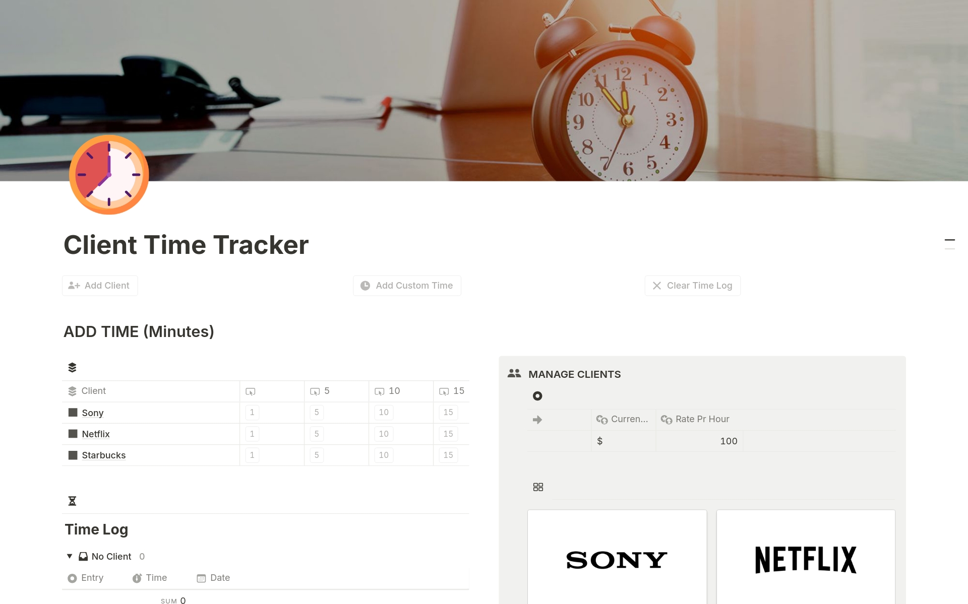 En forhåndsvisning av mal for Client Time Tracker