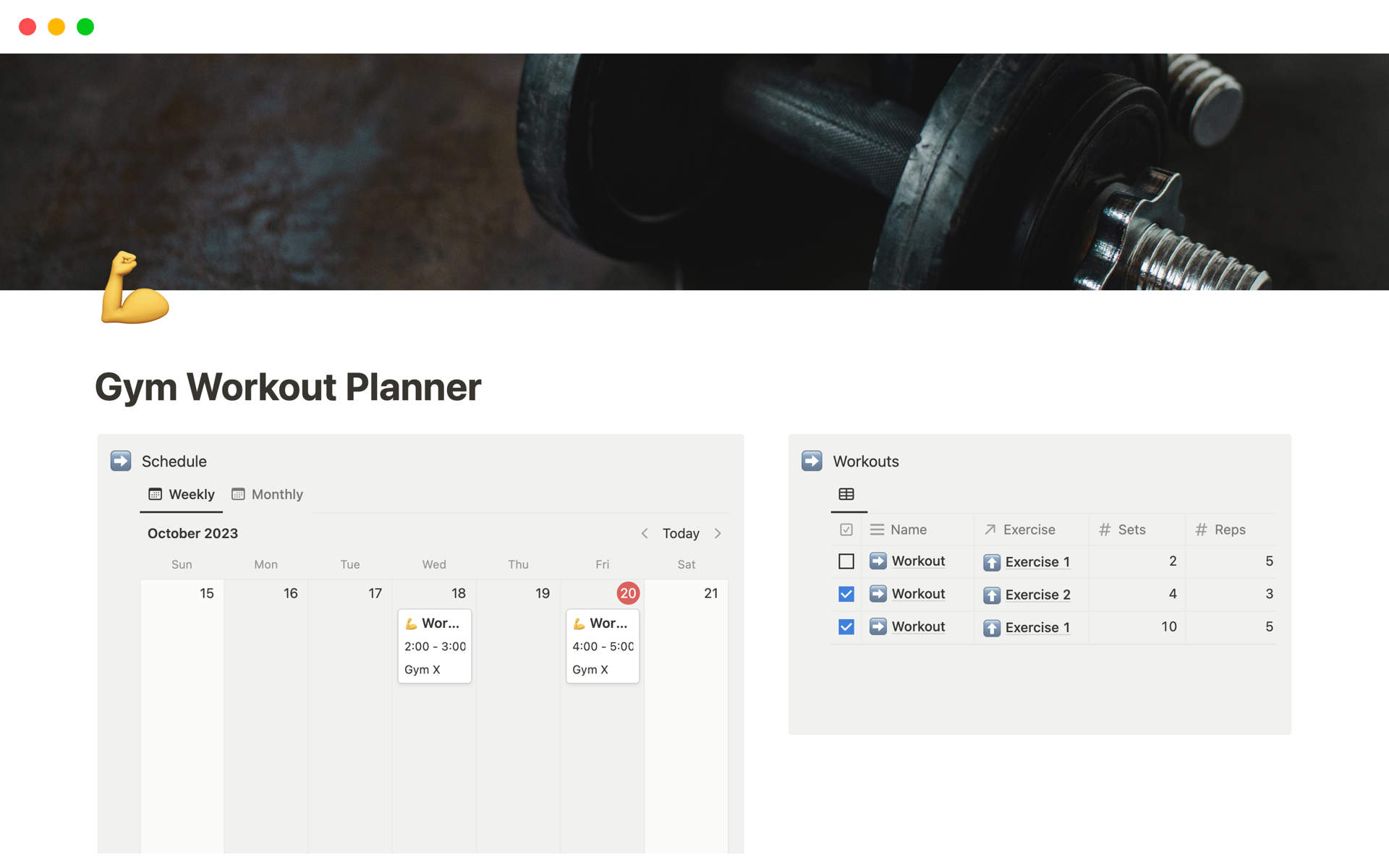 Vista previa de una plantilla para Gym Workout Planner