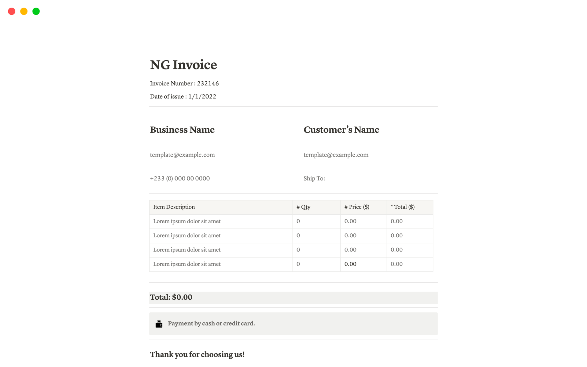 En förhandsgranskning av mallen för NG Invoice