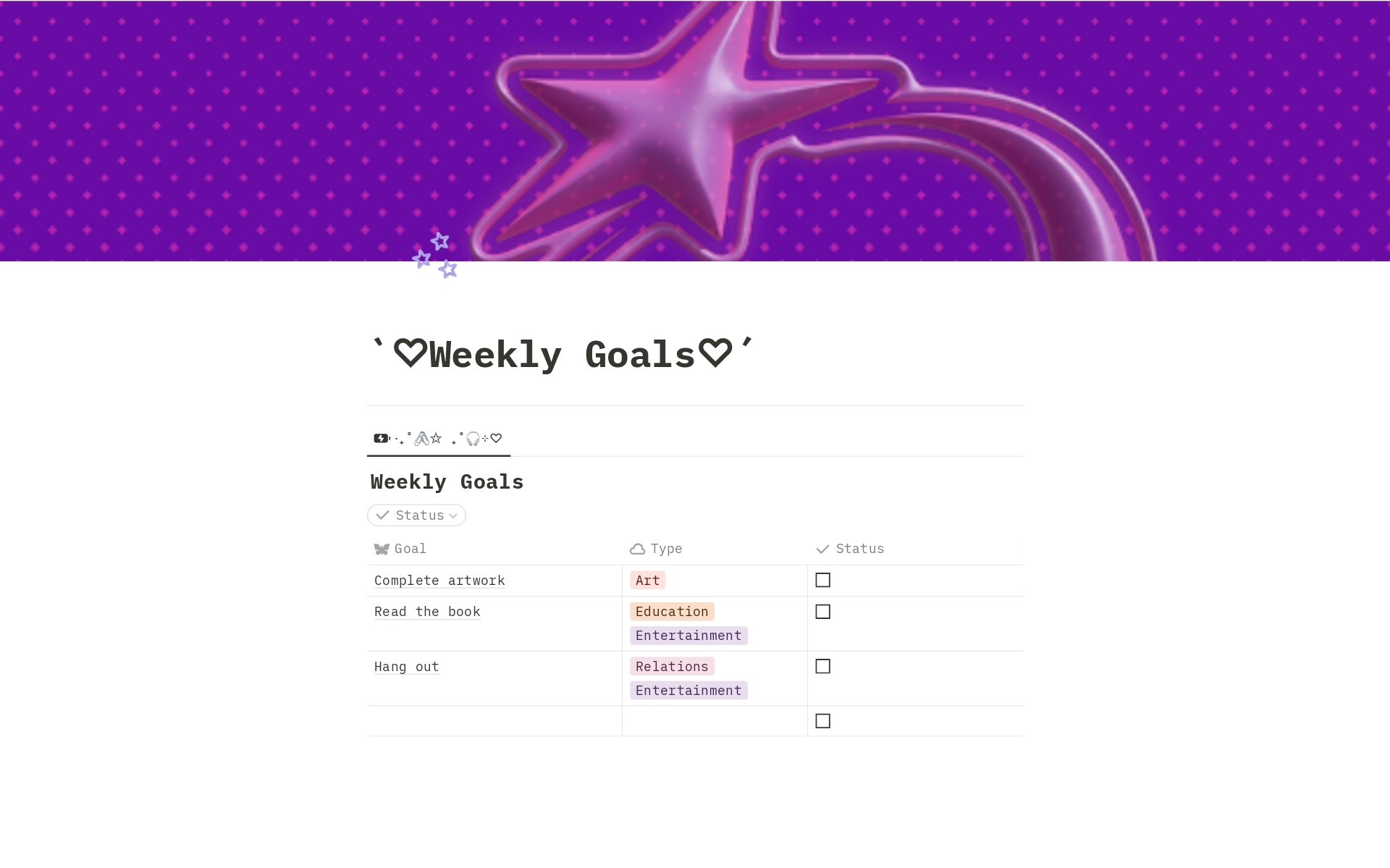 Cute Personal Page with all the stuff you need -`♡´-. It contains To-do lists, Goal lists, Workout tracker, Studying table, Notes, Shopping list, Reading list and more