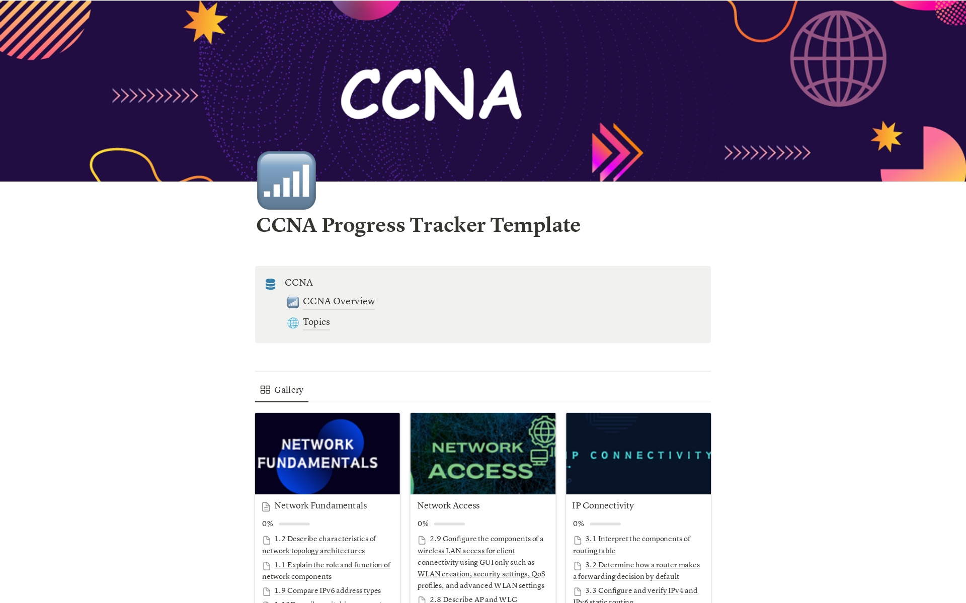 Your ultimate companion on the journey to Cisco Certified Network Associate (CCNA) success! This Notion template is designed to streamline and organize your study progress, ensuring you stay on top of every topic.