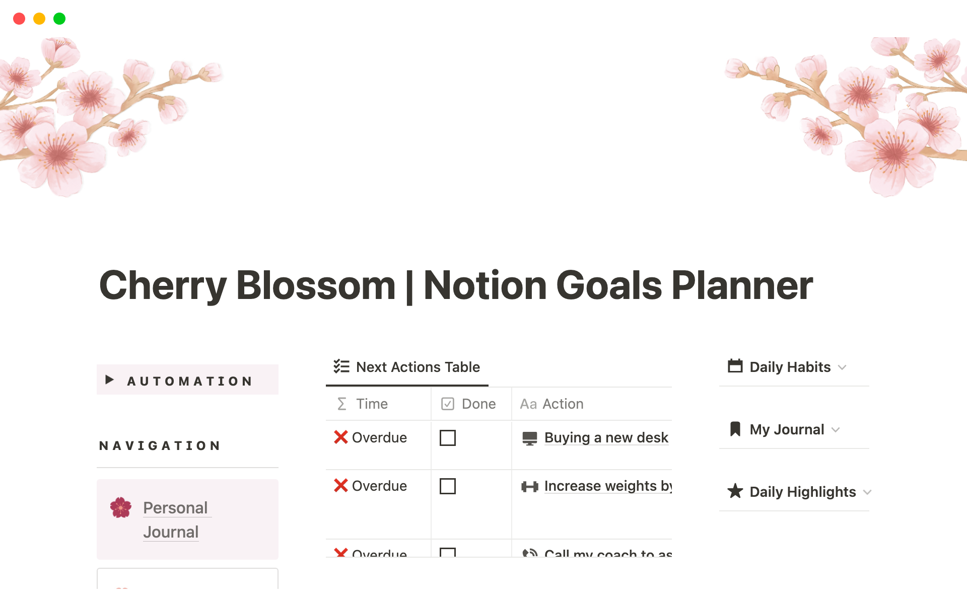 En forhåndsvisning av mal for Cherry Blossom | Goals Planner