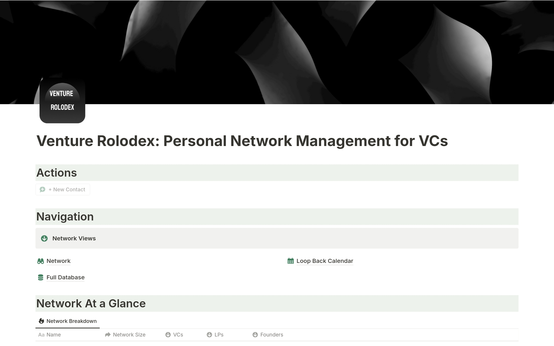 En forhåndsvisning av mal for Venture Rolodex: Network Management for VCs