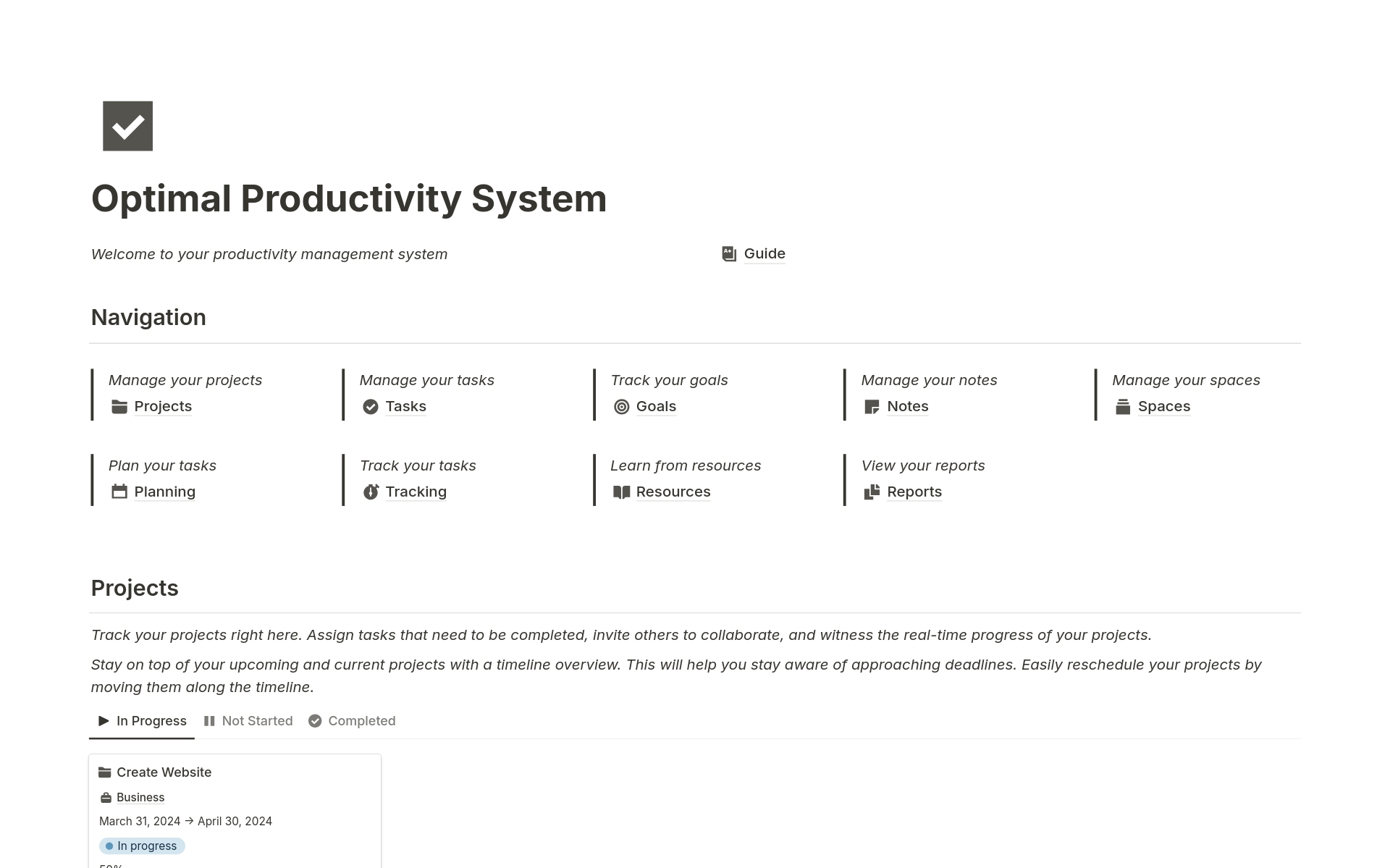 En forhåndsvisning av mal for Productivity System