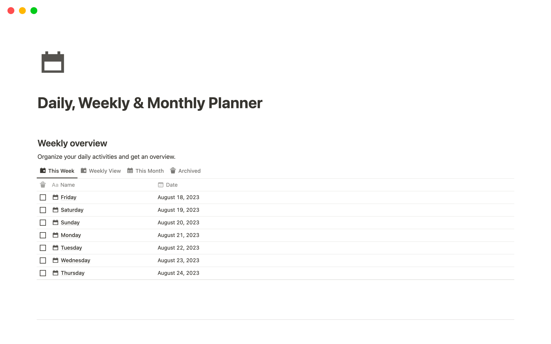 Vista previa de plantilla para Daily, Weekly & Monthly Planner