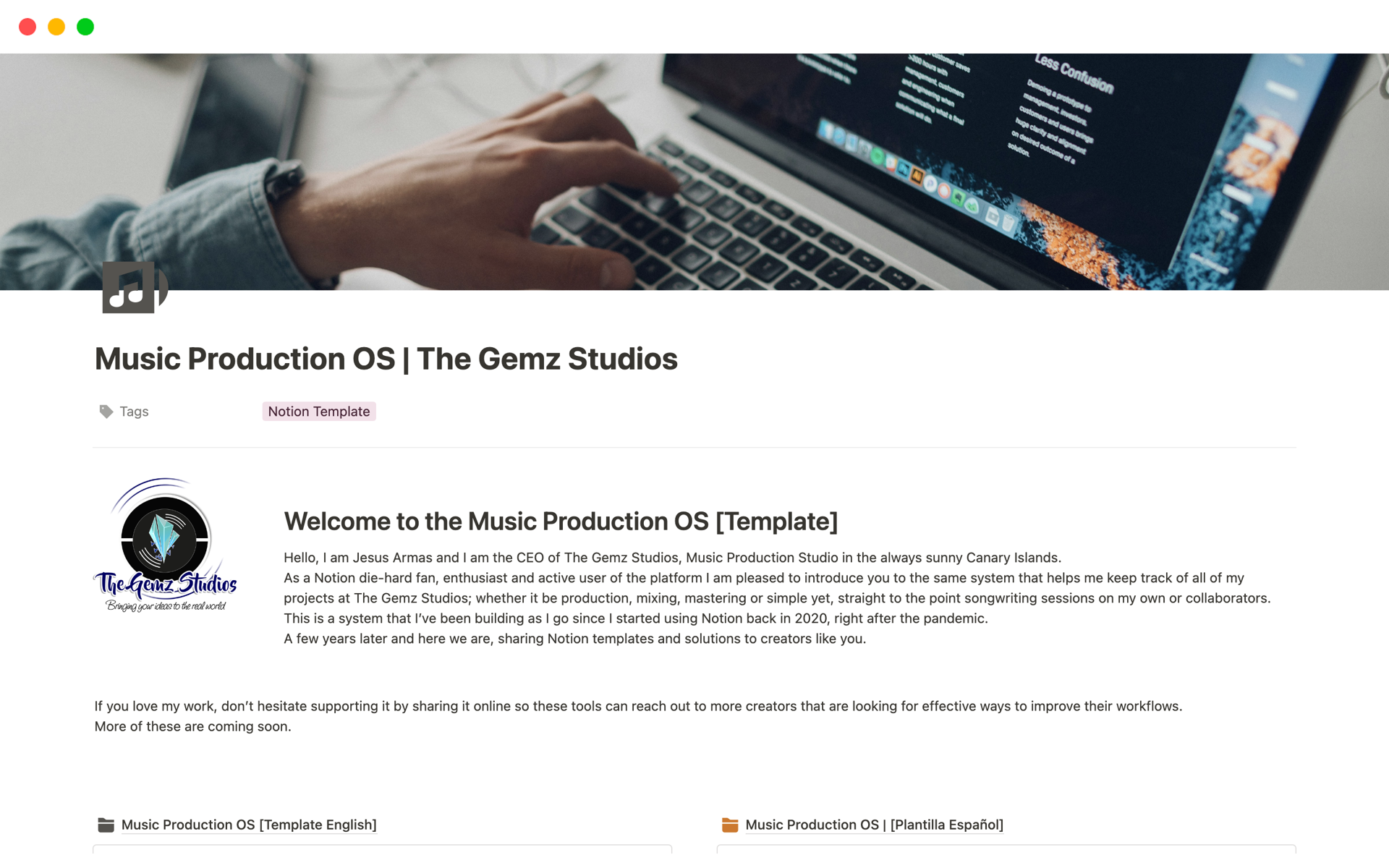 Vista previa de una plantilla para Music Production OS | The Gemz Studios