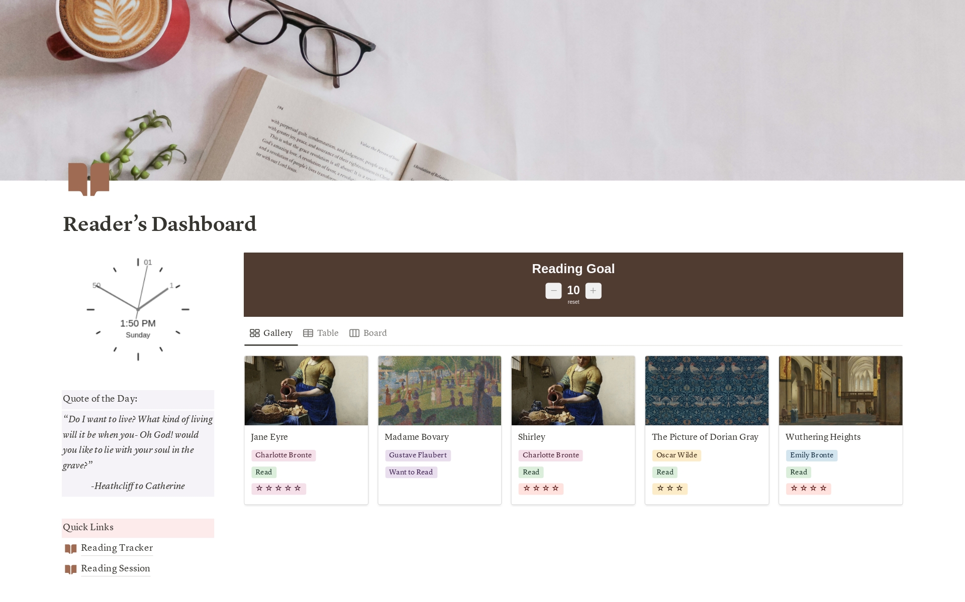This is a template for book readers who want to organize and keep track of their books. You can categorize them, set a specific reading goal, add reviews, save quotations, and many more. 
