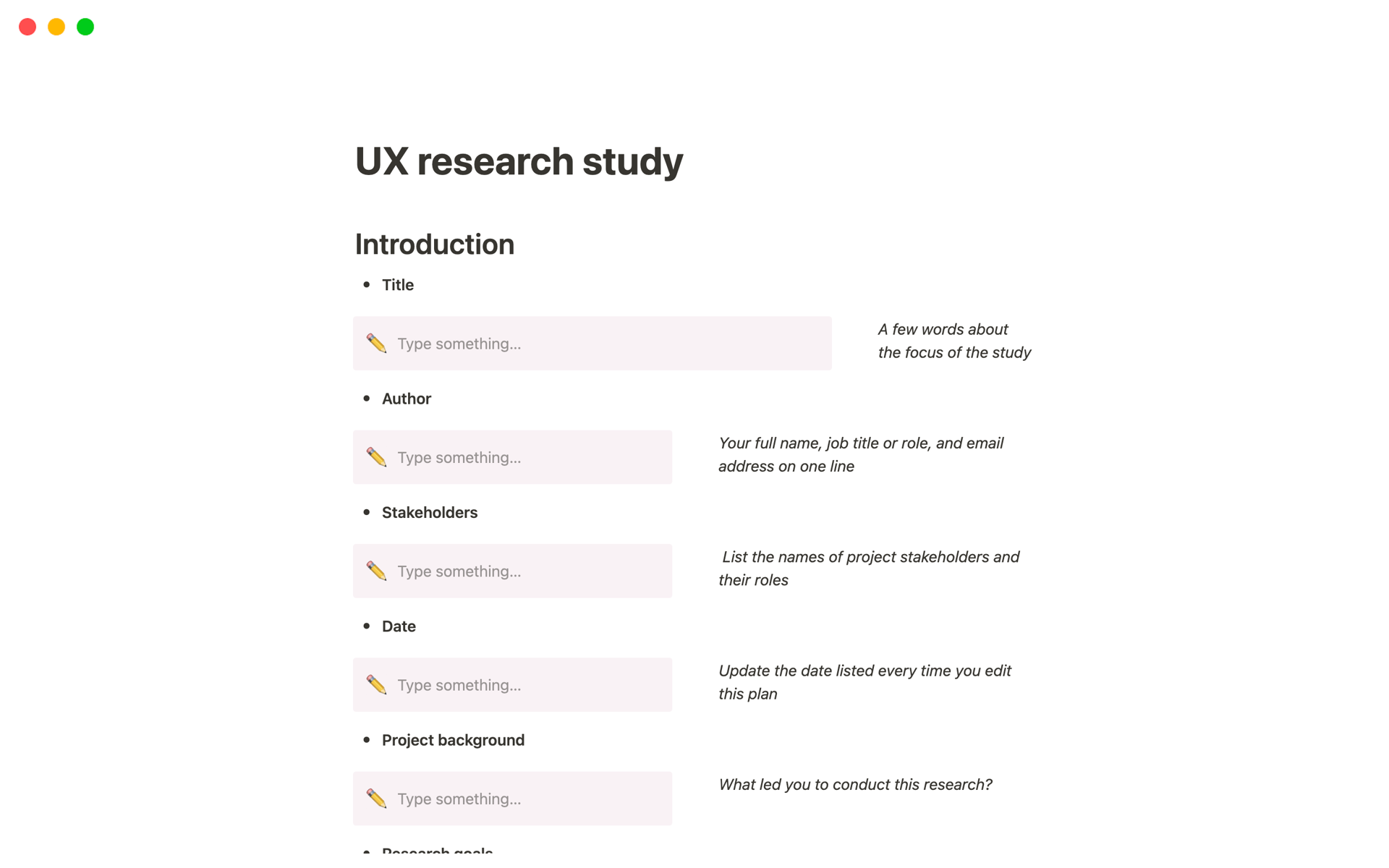 En forhåndsvisning av mal for UX research study plan