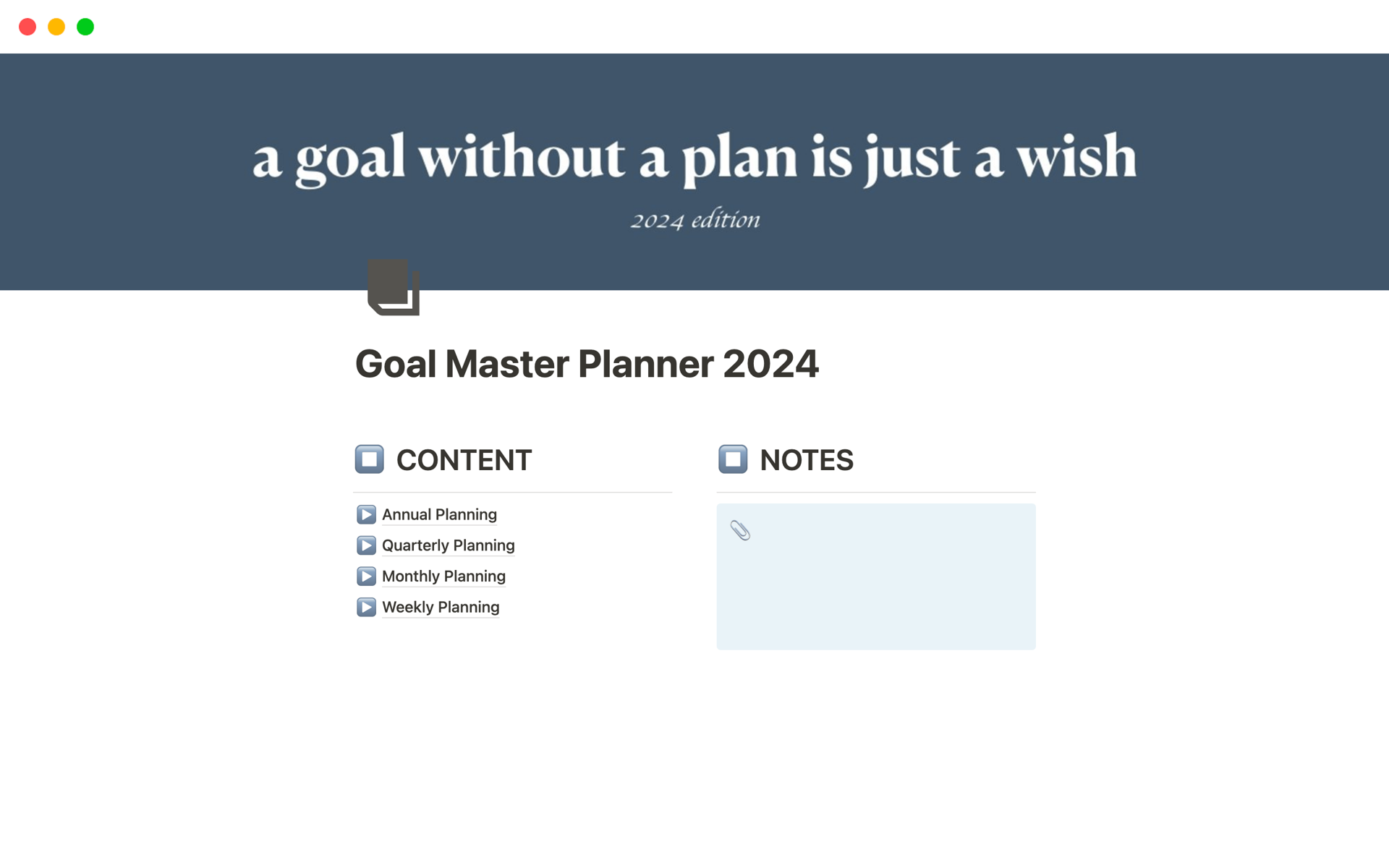 Eine Vorlagenvorschau für Goal Master Planner 2024