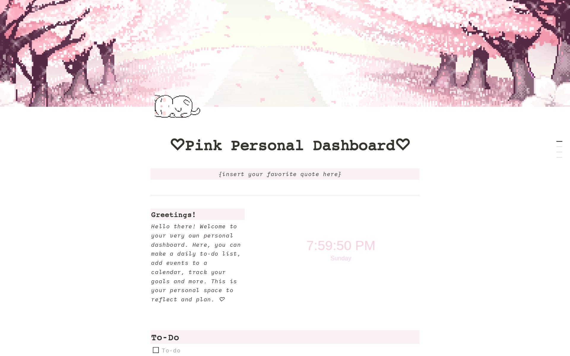 Eine Vorlagenvorschau für Pink Personal Dashboard