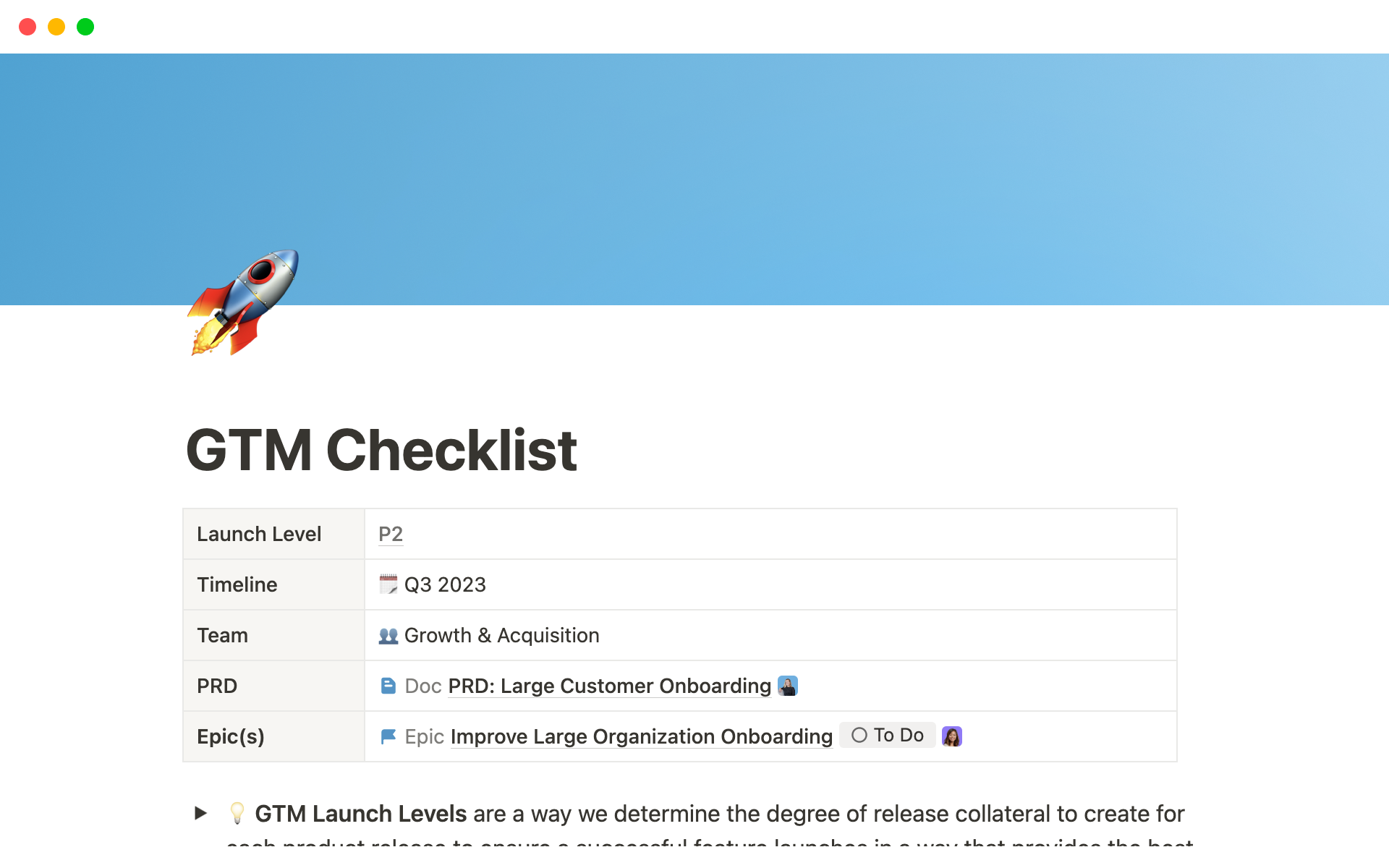 GTM Launch Checklist template creates a space to keep your Product Development and Go-To-Market teams connected across their preferred tools