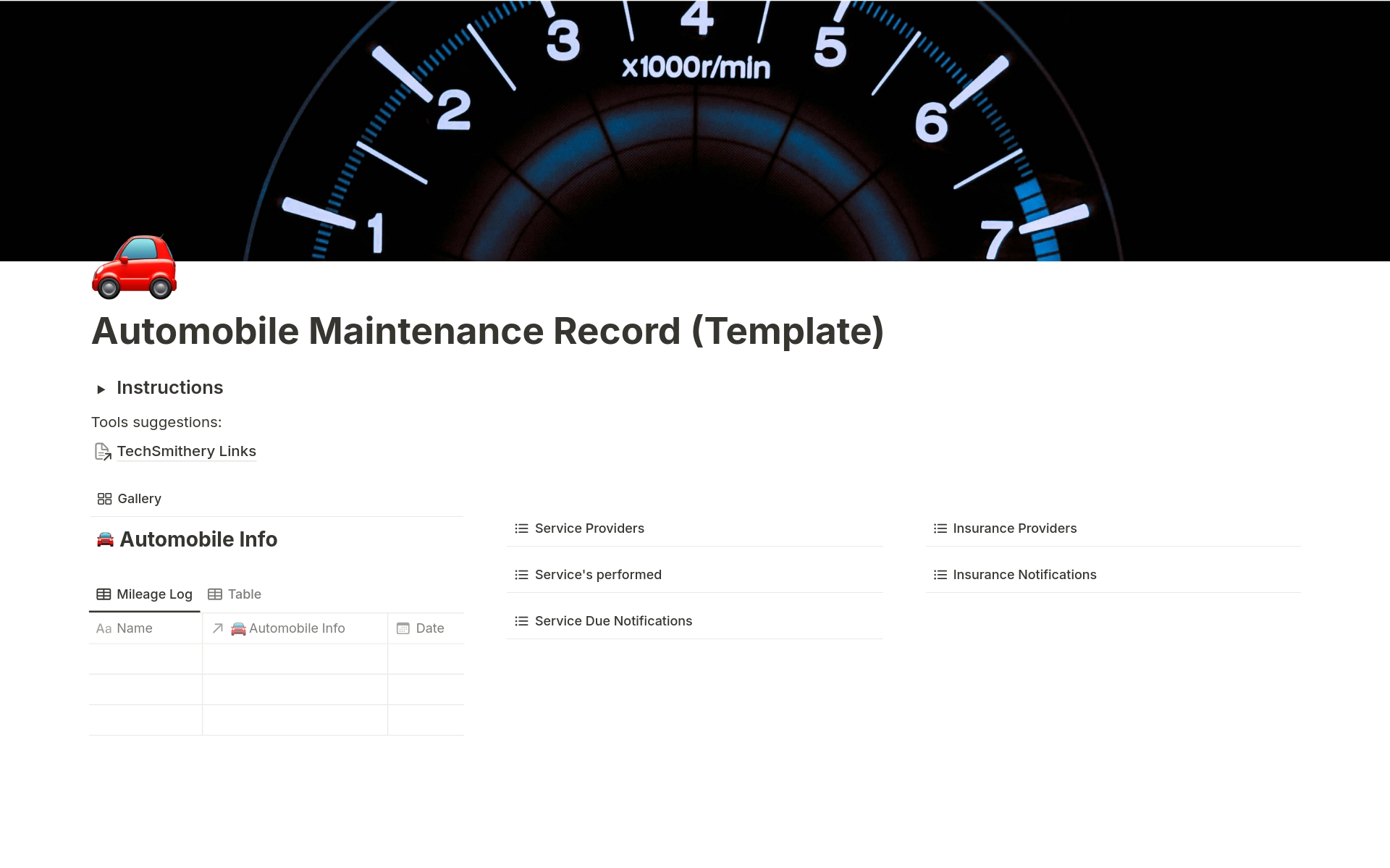 A template to track important information about your vehicle. Track maintenance, repair, and provide reminders for recurring maintenance. 
