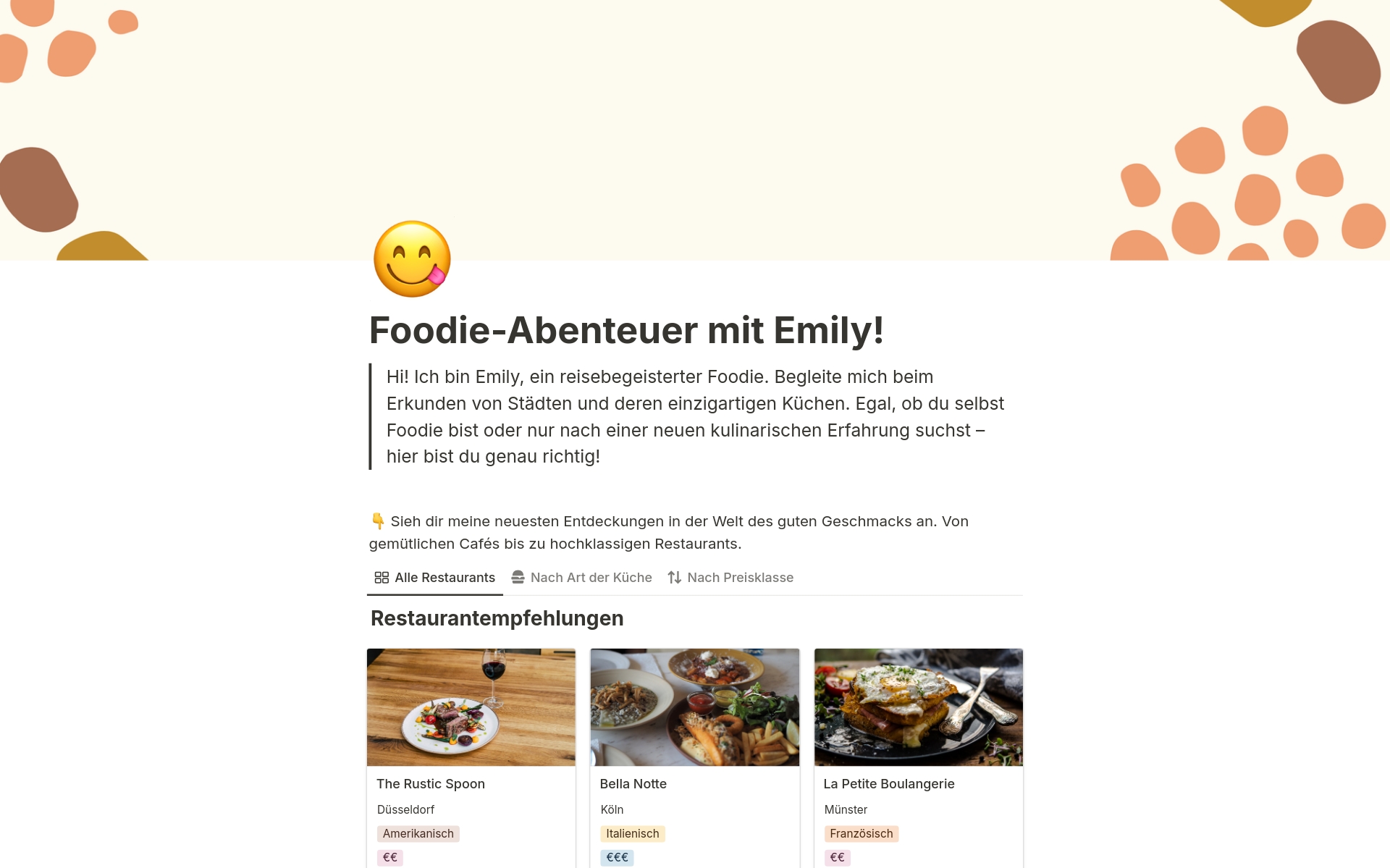 Eine Vorlage für eine Website mit Restaurantempfehlungen, auf der Foodies ihre Lieblingslokale und Produkte vorstellen können, die jeder mal ausprobiert haben muss.