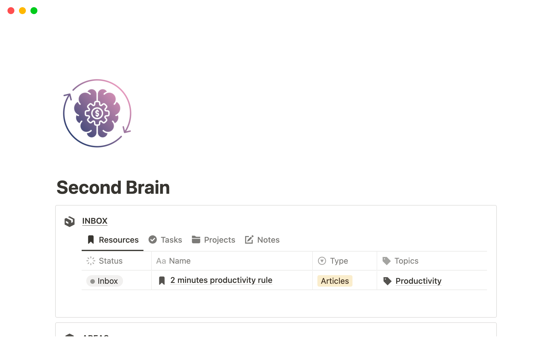 Second Brain is a Notion system that helps you capture your notes, tasks, projects, and resources in one central hub.