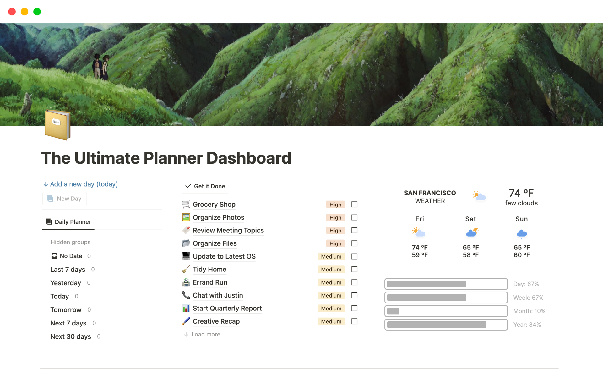 The Ultimate Planner Dashboard is a robust Notion daily planner template that gives you full visibility of your schedule, tasks, wellness, and moods by the day, week, and month — all connected in one place.