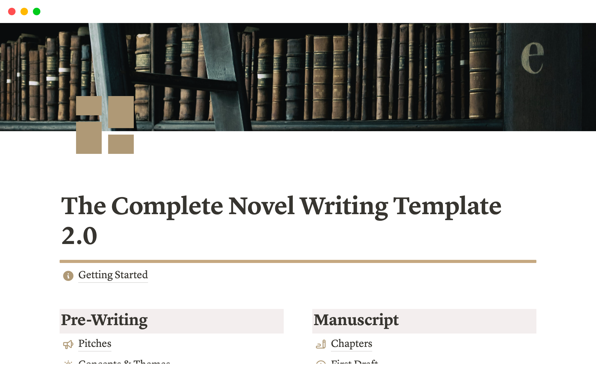 En forhåndsvisning av mal for The Complete Novel Writing Template 2.0