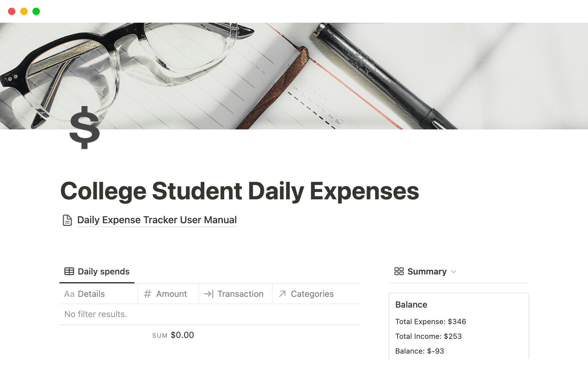 En förhandsgranskning av mallen för College Student Daily Expenses