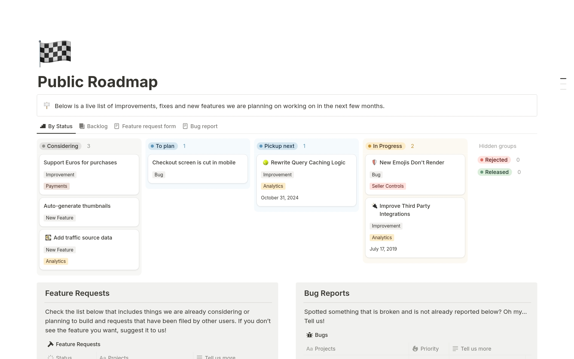 Public Roadmap with features & bug forms Template by Notion | Notion ...