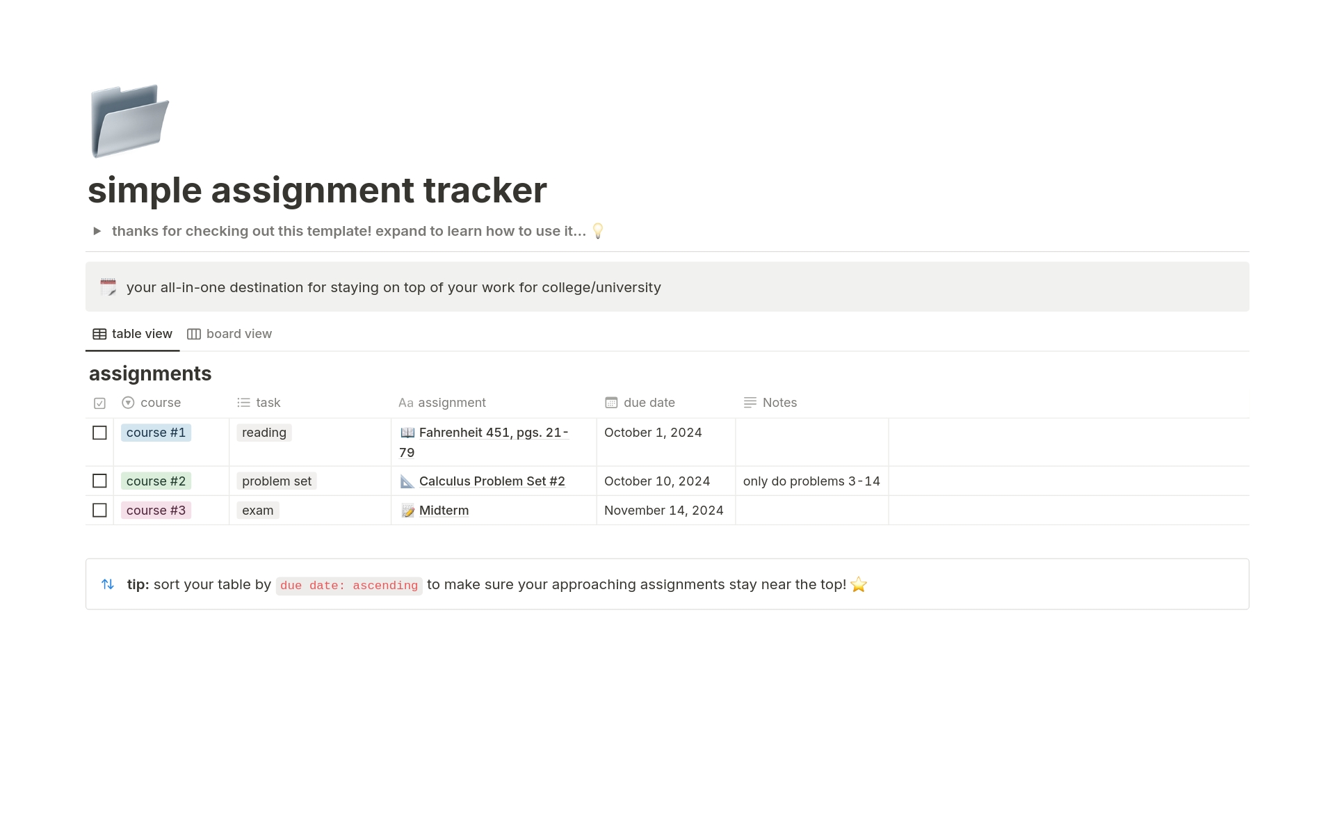 A template preview for simple assignment tracker