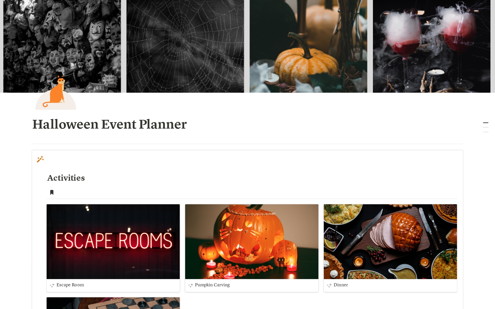 Perfect for organizing any celebration with ease, this dynamic Halloween Party event planner includes tracking for guests, tasks, supplies, gifts, and notepad as the countdown nears. 