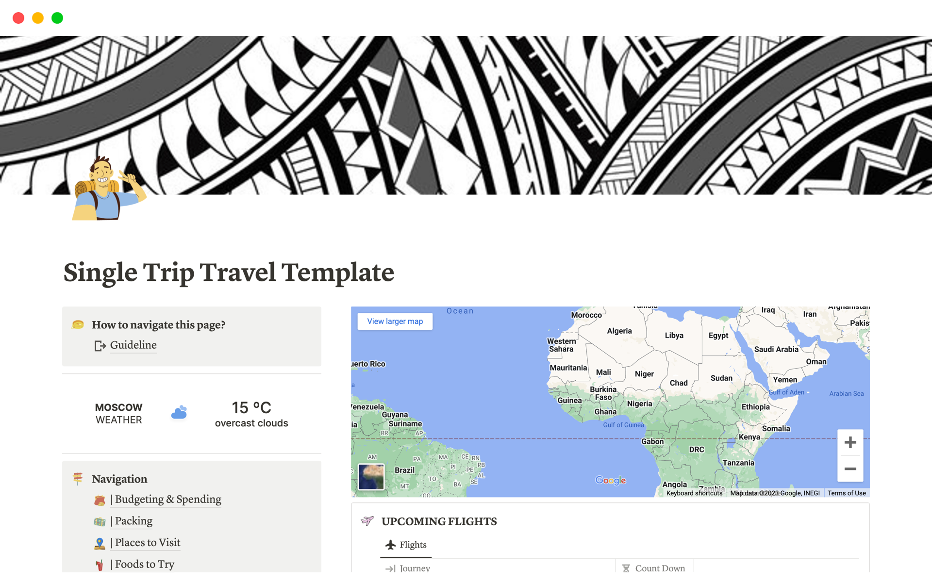 En förhandsgranskning av mallen för Travel Template : Planner for Single Trip Journey