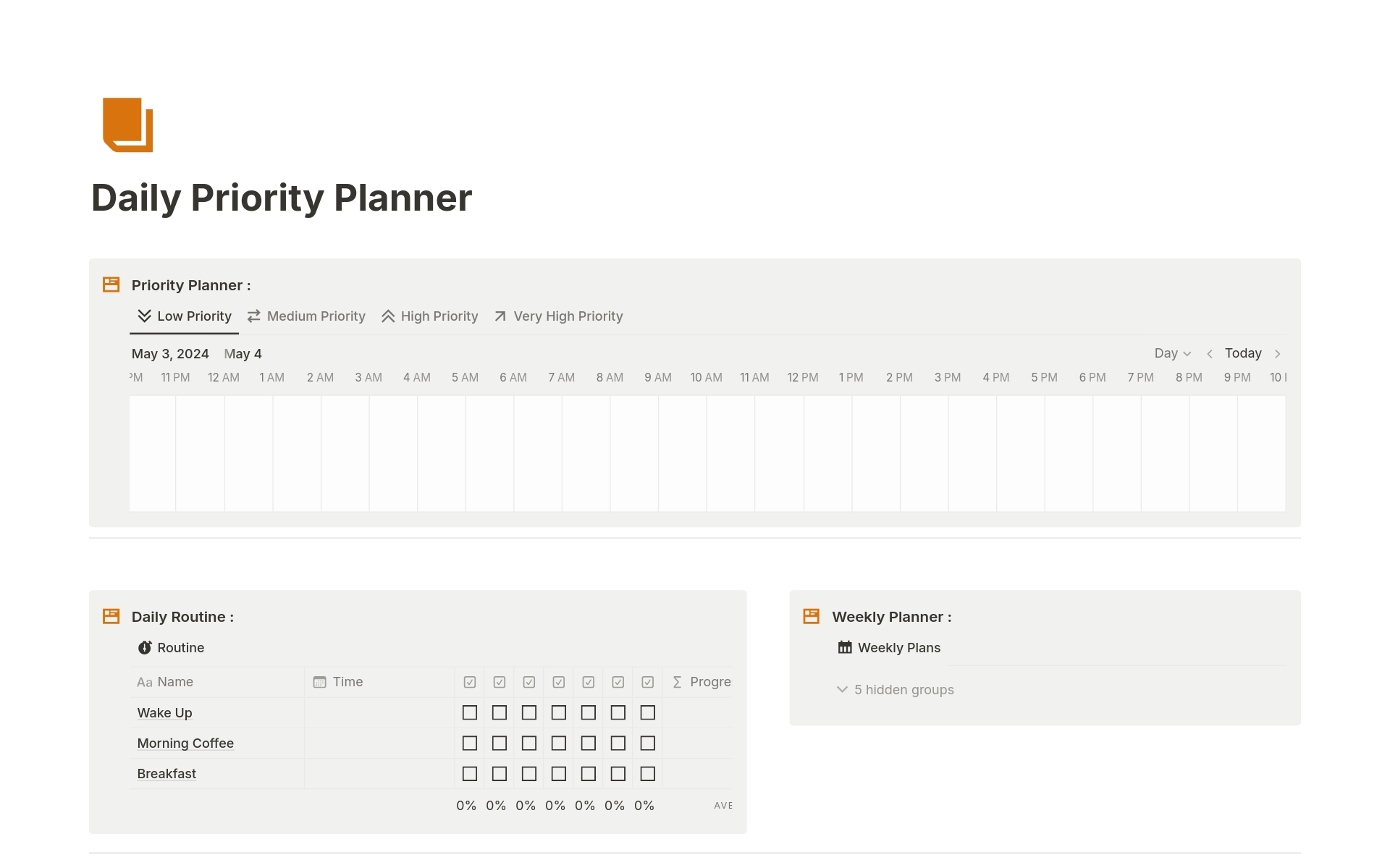 En forhåndsvisning av mal for Daily Priority Planner