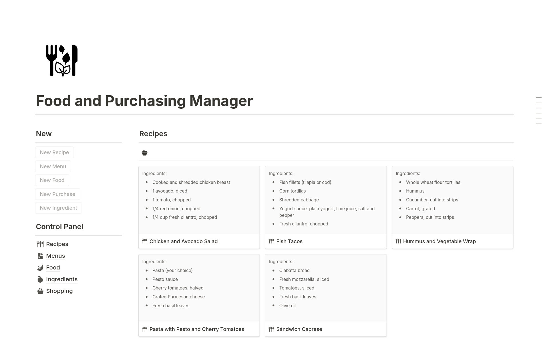 A template preview for Food and Purchasing Manager