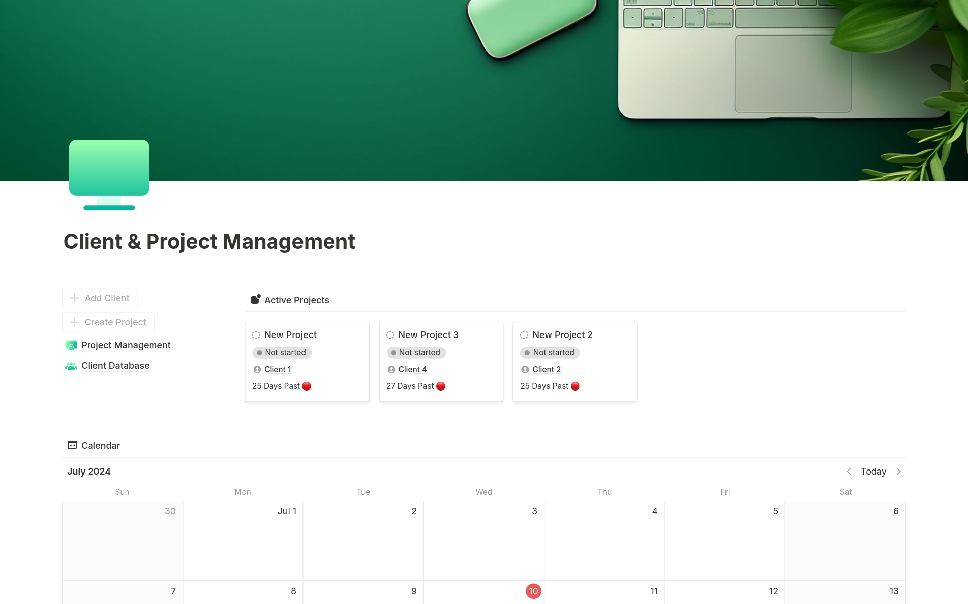Vista previa de plantilla para Client and Project Management