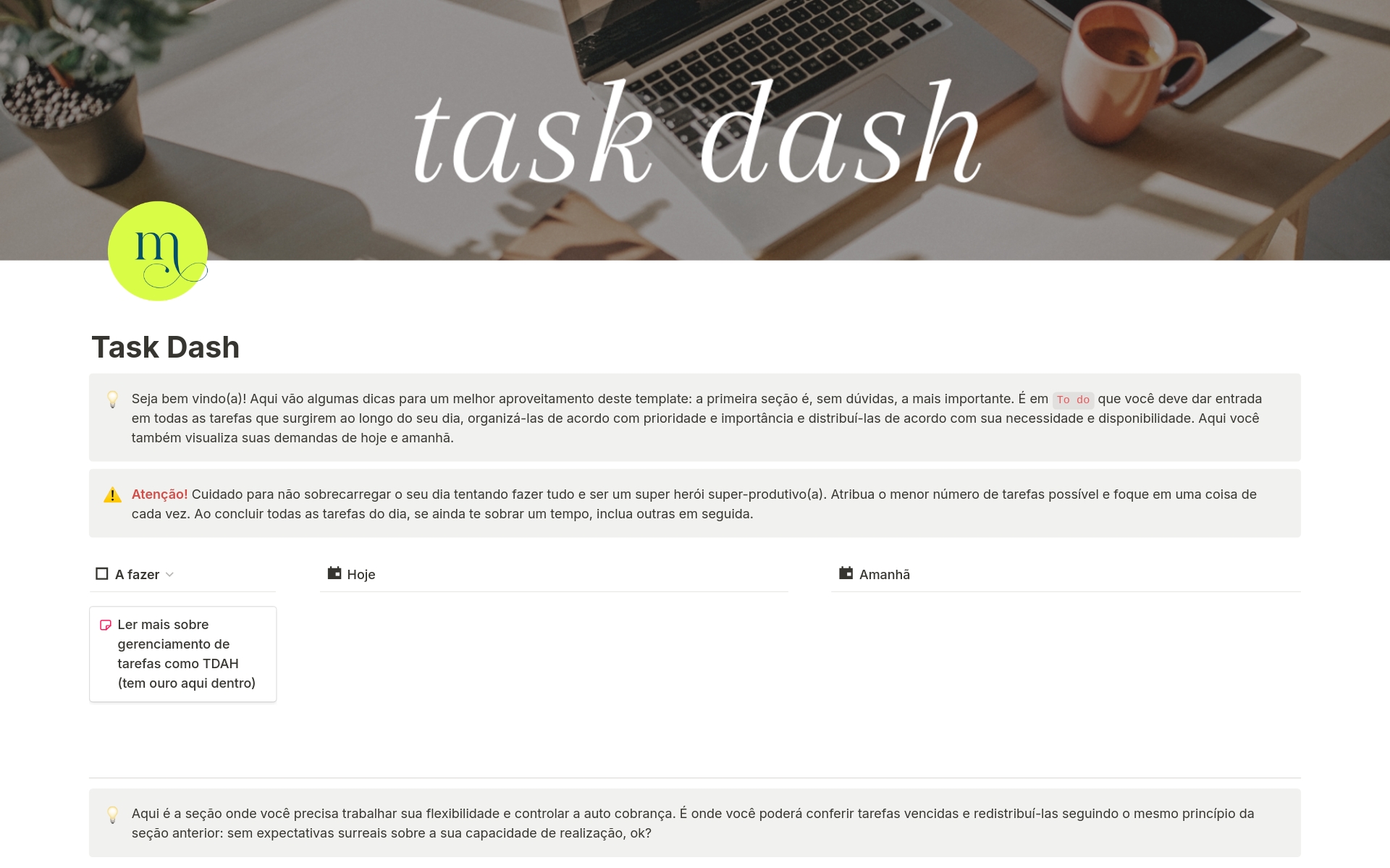 Uma prévia do modelo para Task Dash: Gerenciando tarefas para TDAHs