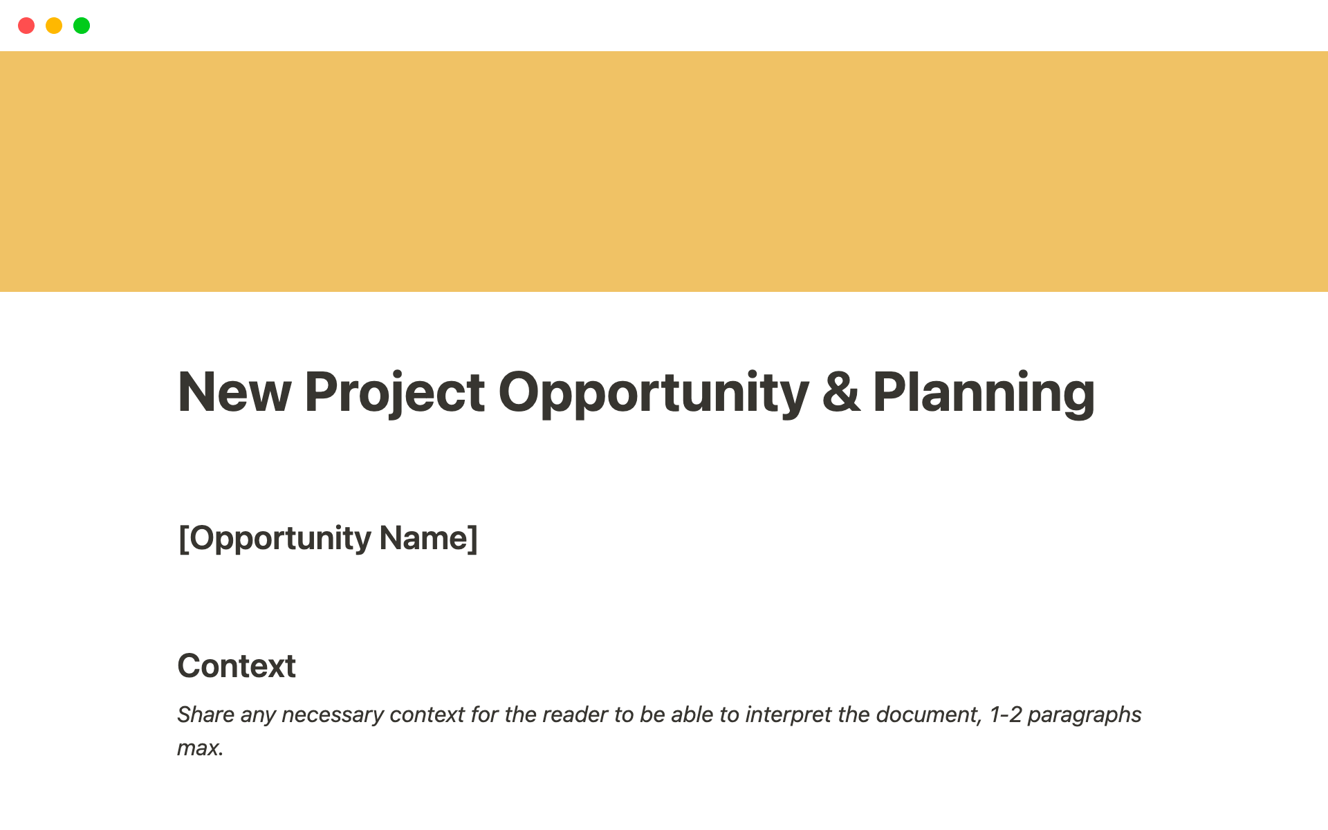 En forhåndsvisning av mal for New Project Opportunity & Planning
