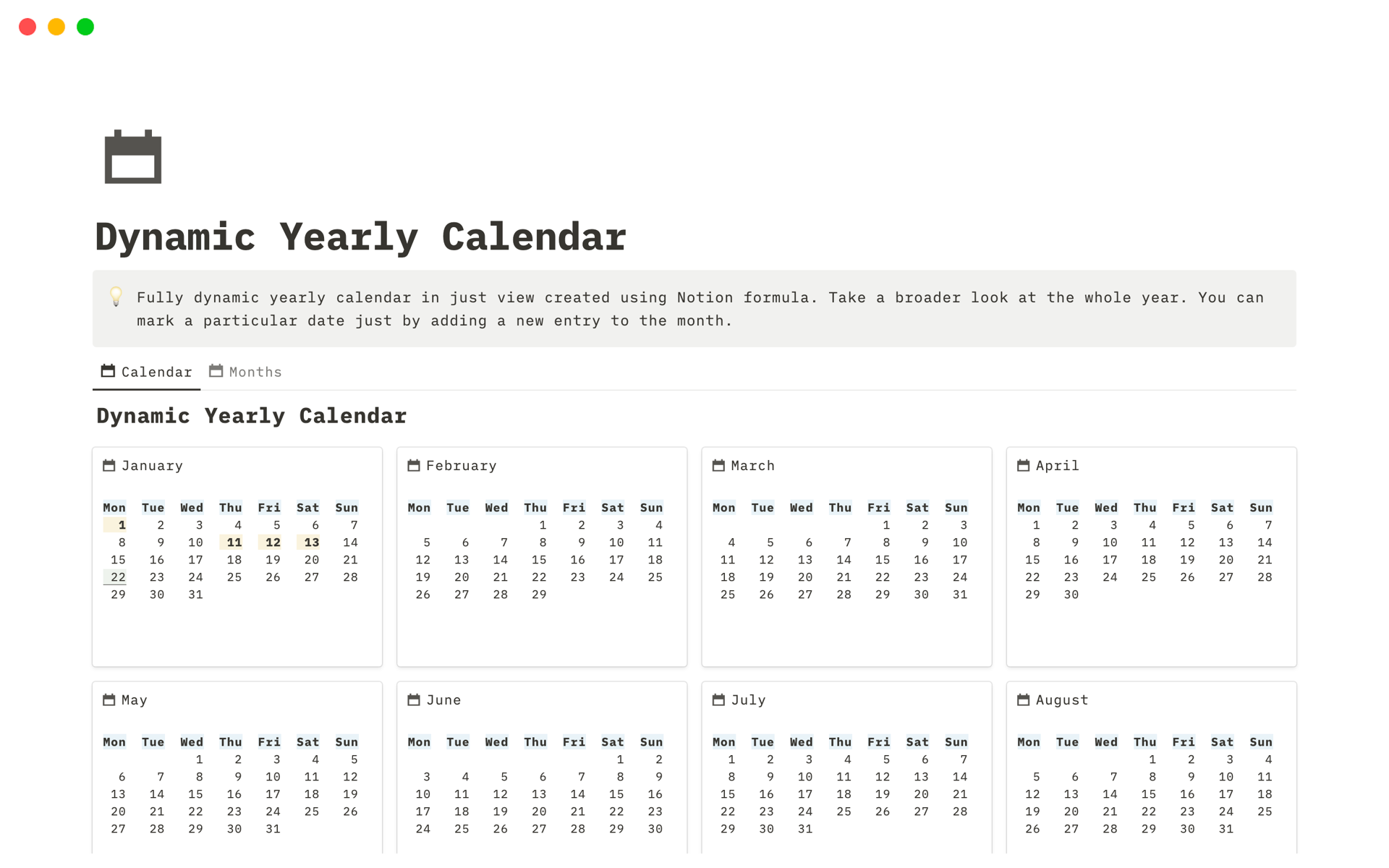 Vista previa de una plantilla para Dynamic Yearly Calendar
