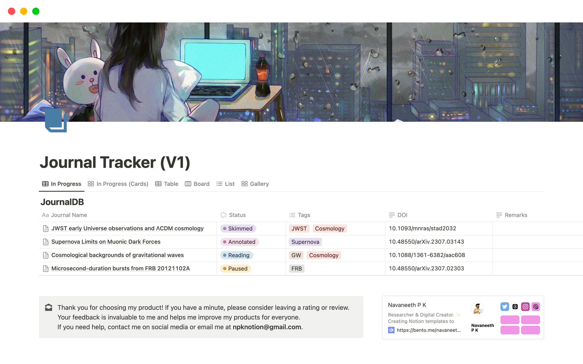 Vista previa de plantilla para Research Paper Tracker