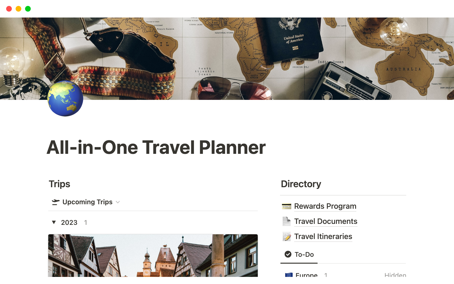 En forhåndsvisning av mal for All-in-One Travel Planner