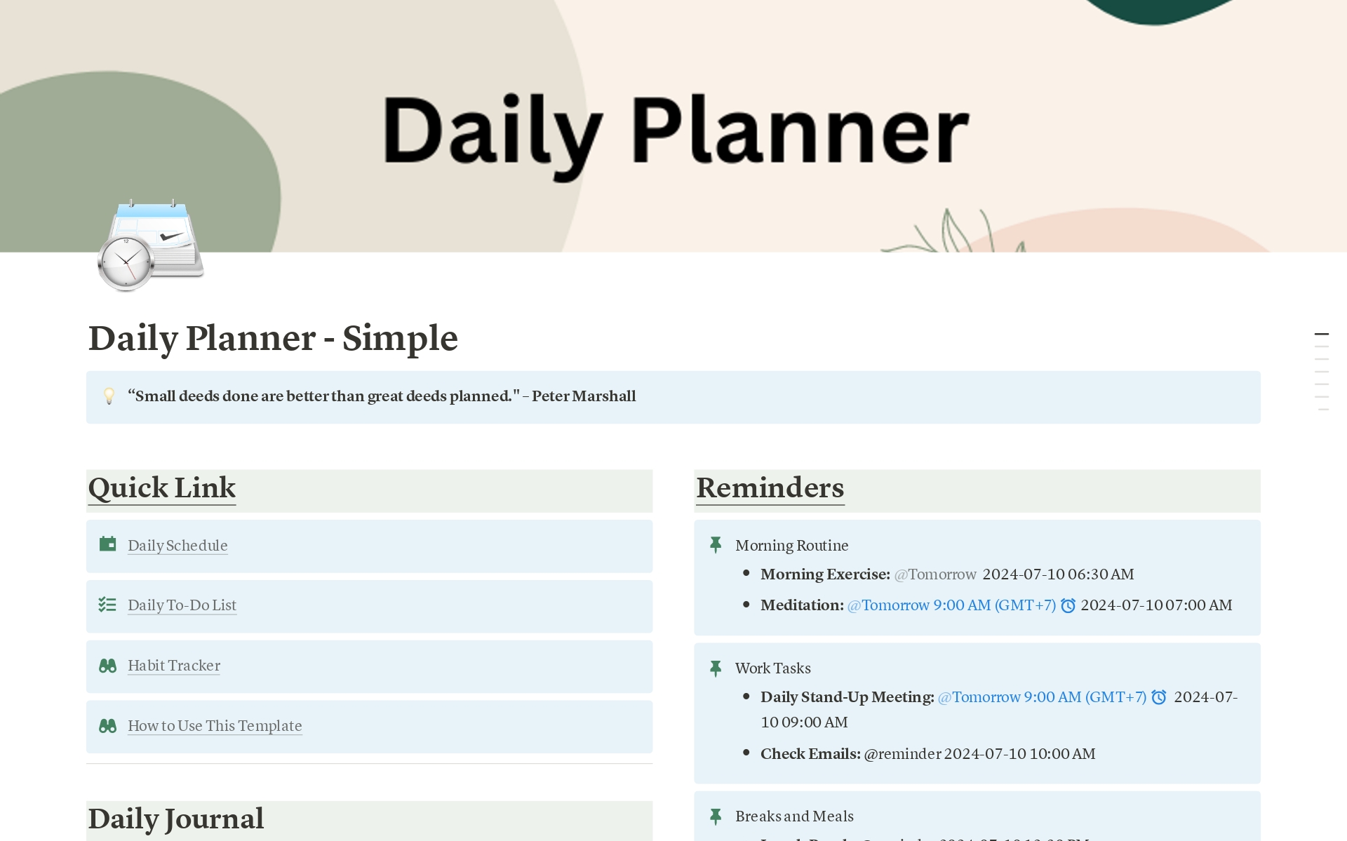 Organize your day with this all-in-one Daily Planner. Track your tasks, schedule your activities, monitor your habits, and reflect on your progress effortlessly.


