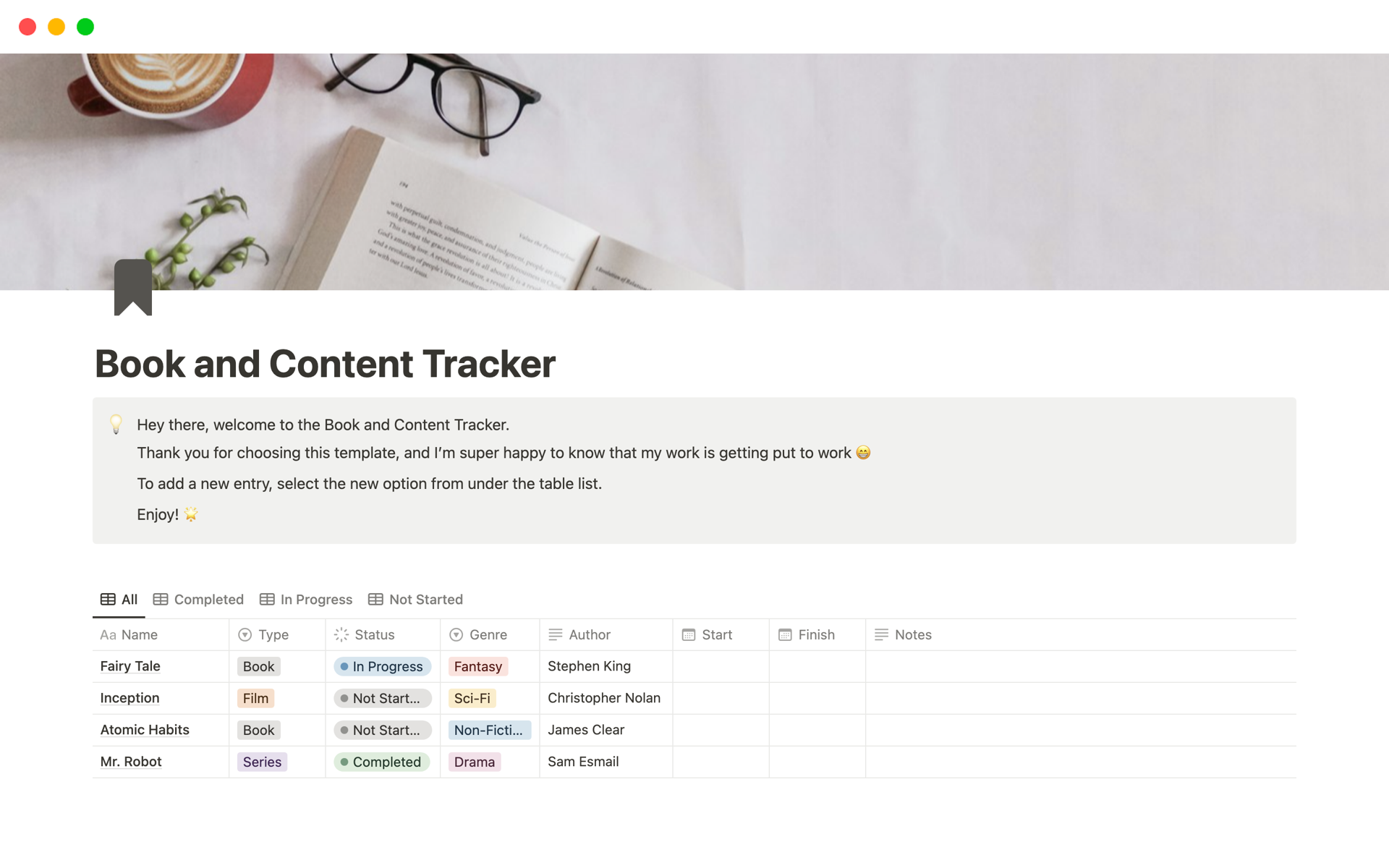 Book and Content Trackerのテンプレートのプレビュー