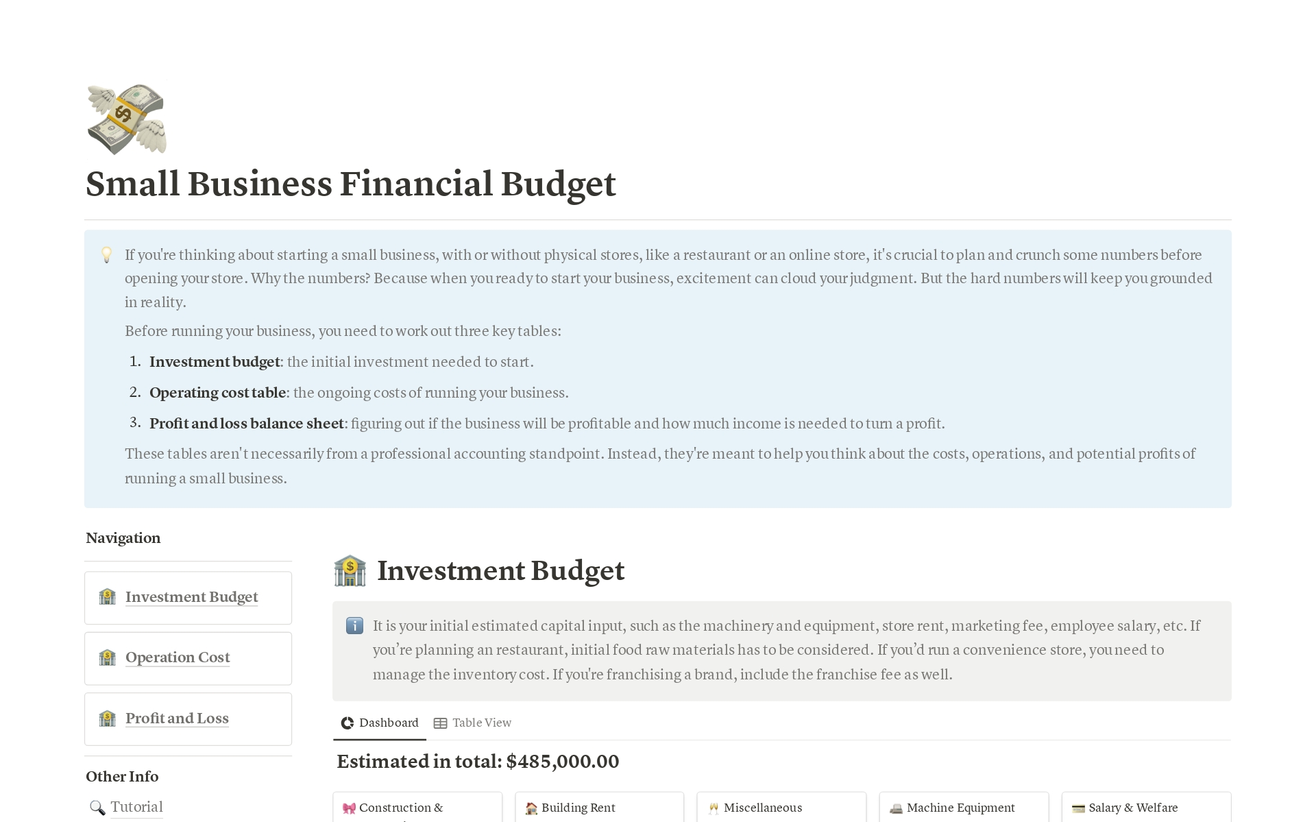 If you're thinking about running a small business, this template helps to identify your initial investment budget needed, operating cost of ongoing running the business, and figuring out if how much income is need to turn your business profitable.