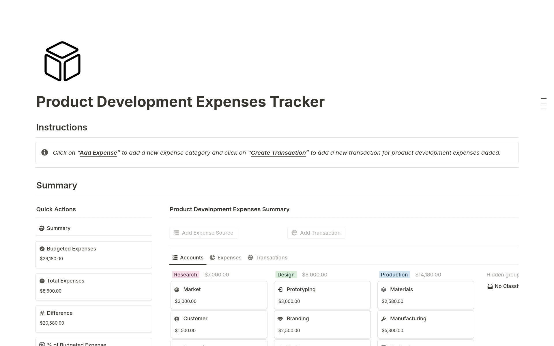 A template preview for Product Development Expenses Tracker