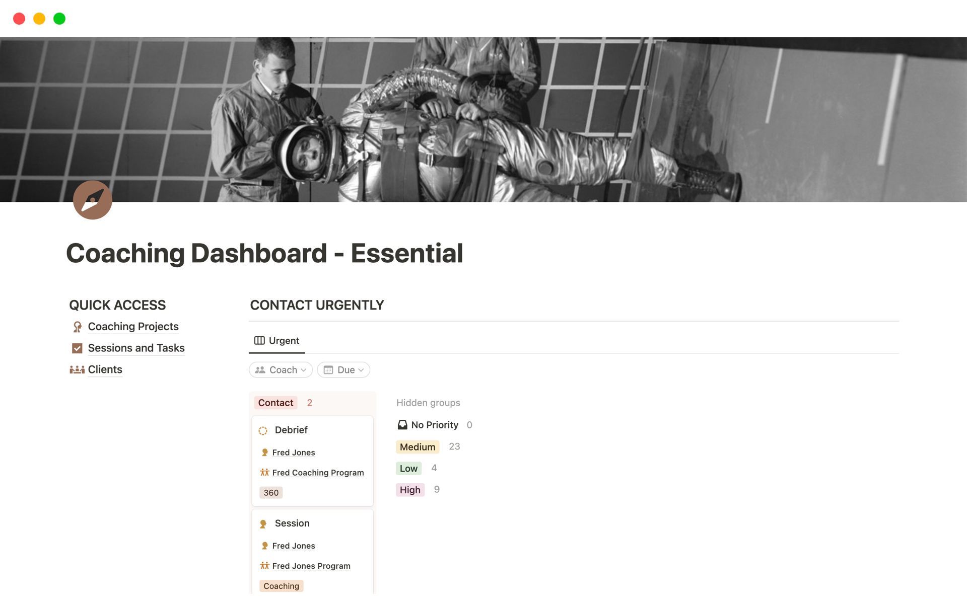 En forhåndsvisning av mal for Coaching Dashboard - Essential