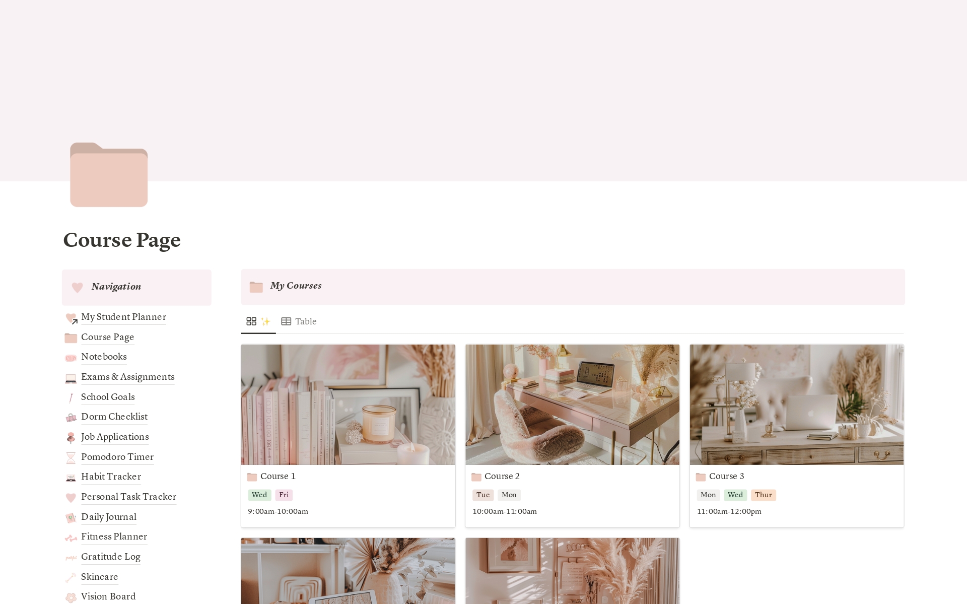Introducing all in one pink aesthetic student notion template. This gorgeous, practical tool helps you organize courses, take notes, plan assignments, manage job applications, and more. Features include daily schedules, Pomodoro timers, habit trackers and more.
