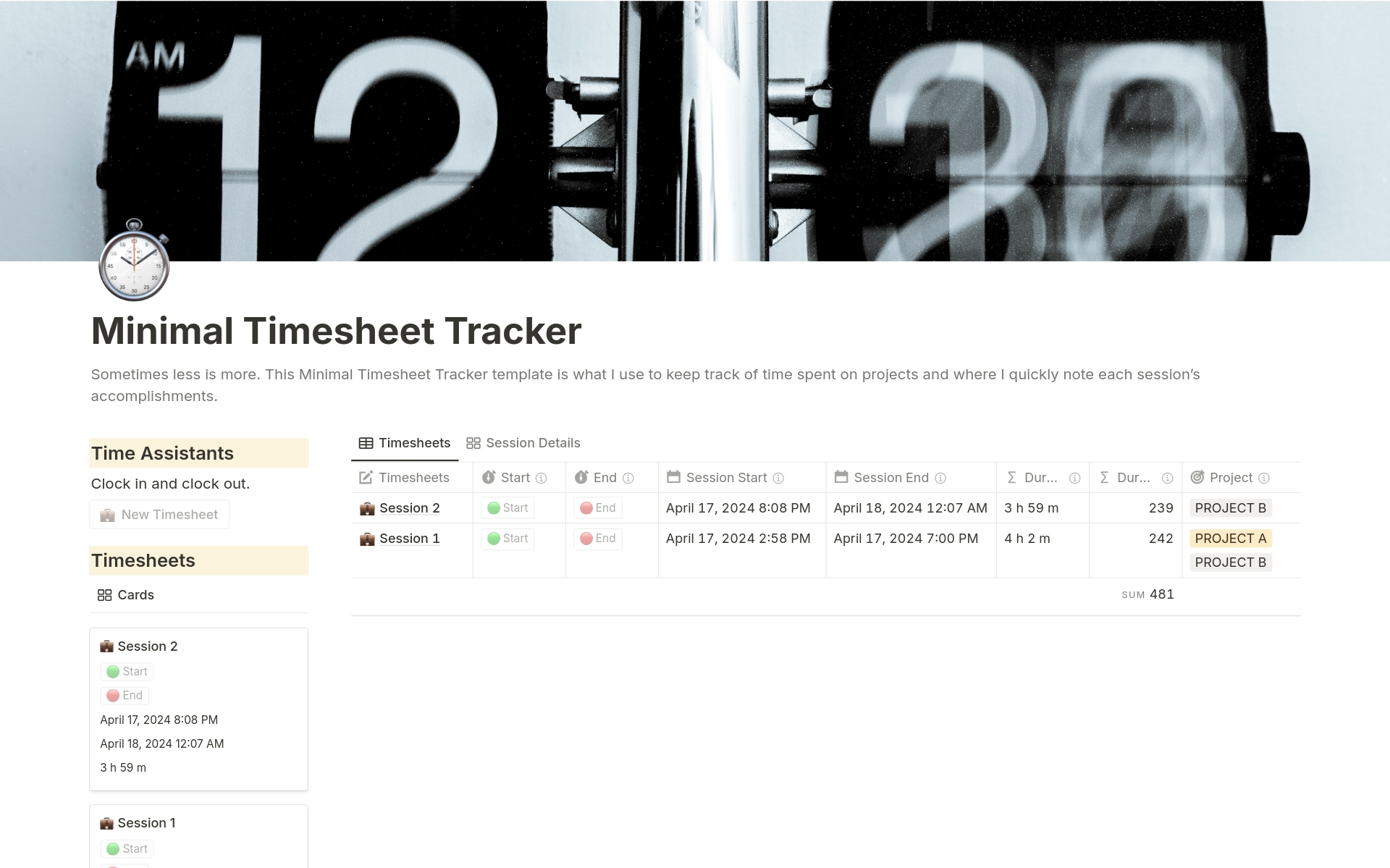 Vista previa de una plantilla para Minimal Timesheet Tracker