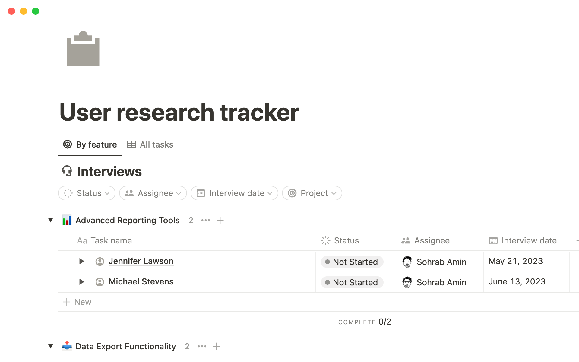En förhandsgranskning av mallen för User research tracker