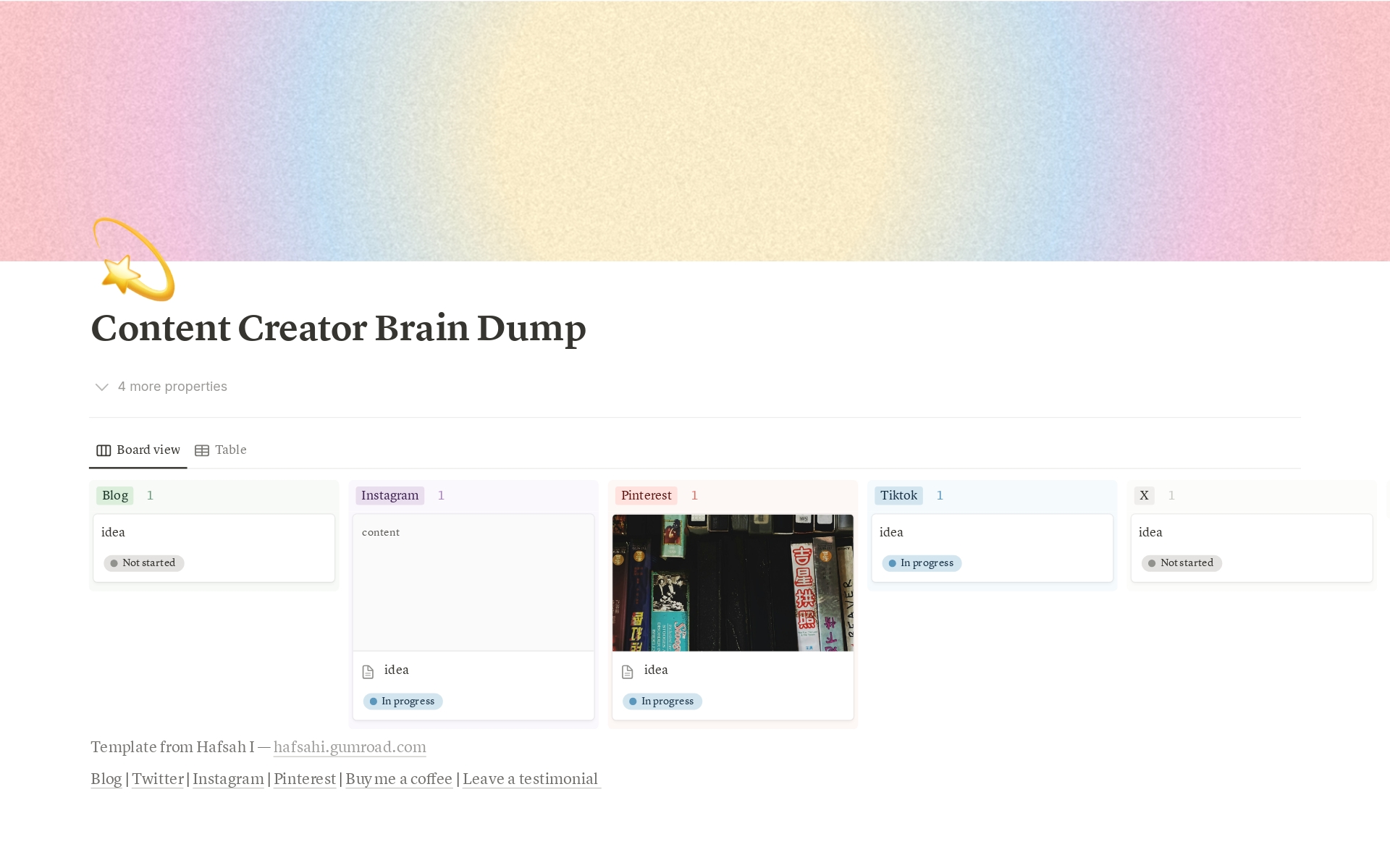 En forhåndsvisning av mal for Content Creator Brain Dump