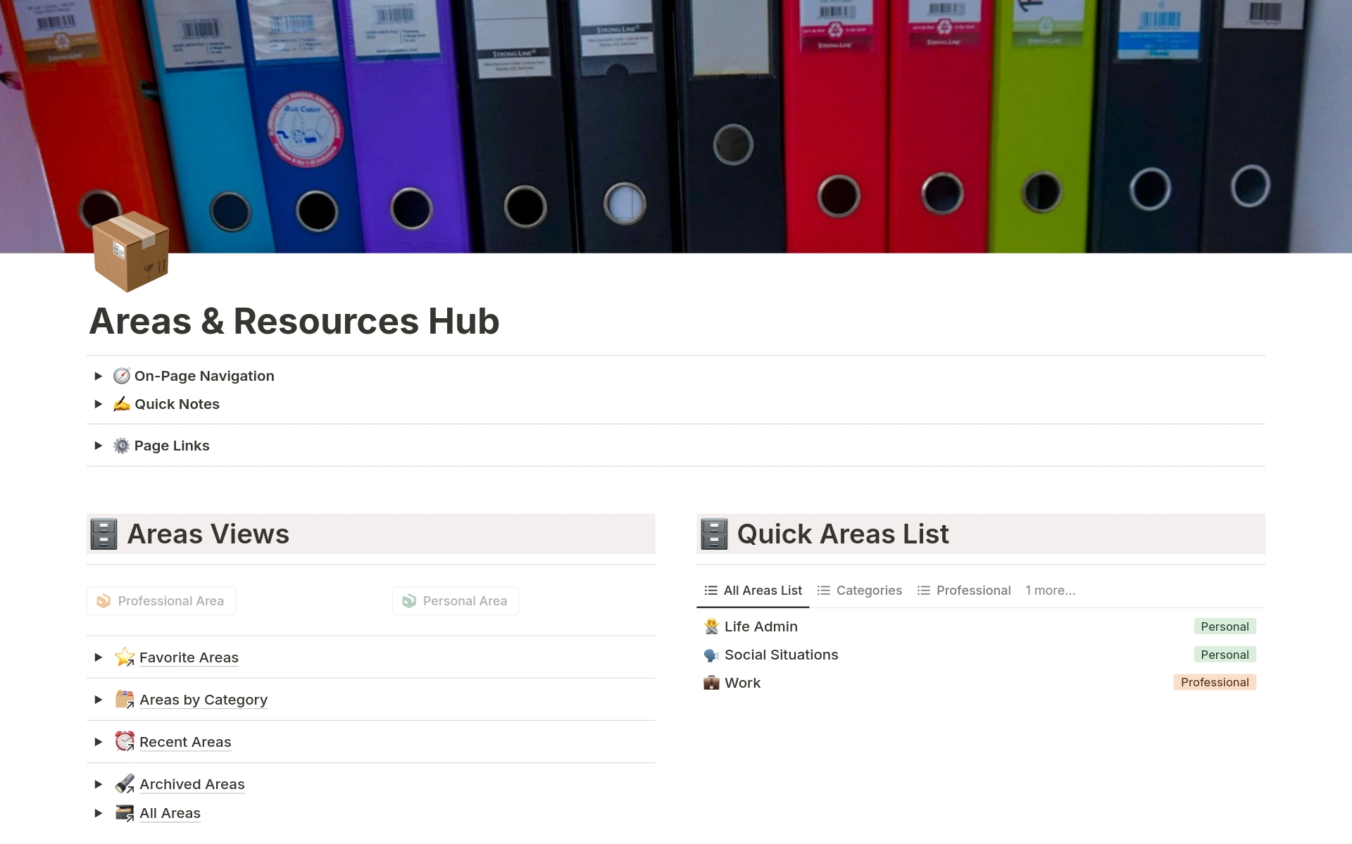Organize every aspect of your life in a neat, digital file cabinet format with the 📦 Areas & Resources Hub. From work, to home, to hobbies, keep all of your documents, notes, and tools neatly categorized and ready to use.