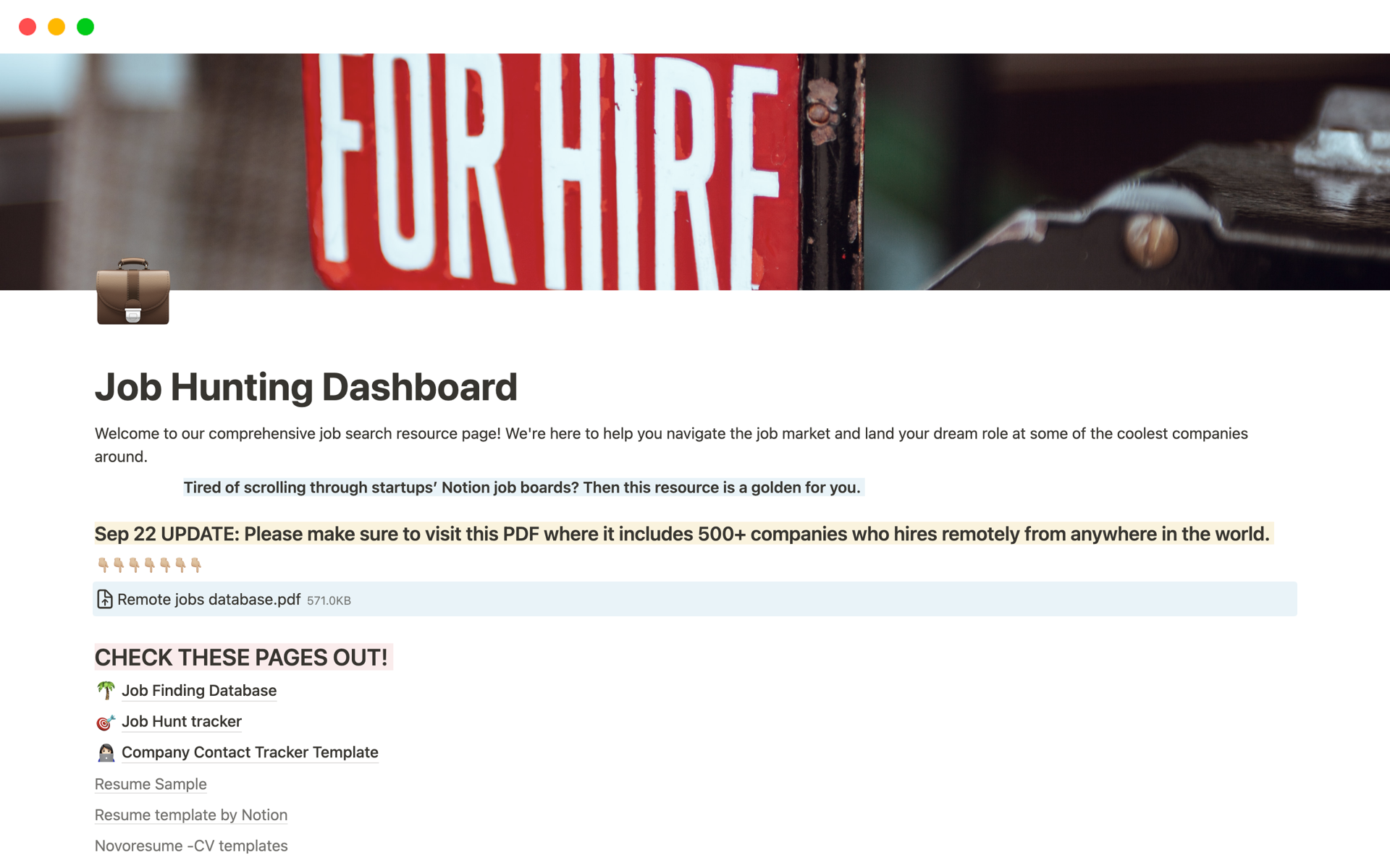 En förhandsgranskning av mallen för Job Hunting Dashboard