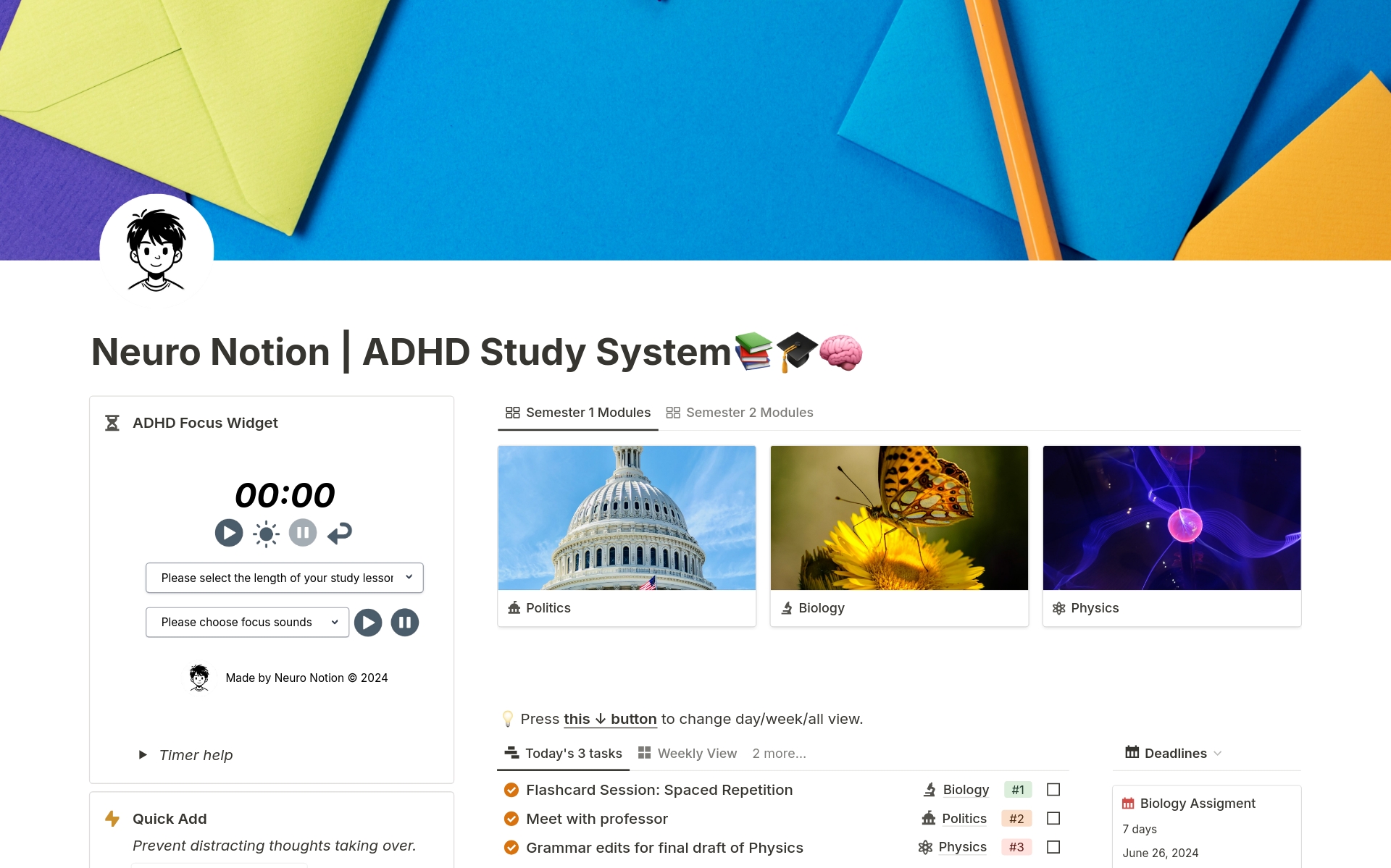 Neuro Notion is the only productivity system scientifically designed around the ADHD brain. It lets students with ADHD stay laser-focused, for longer, without distractions.